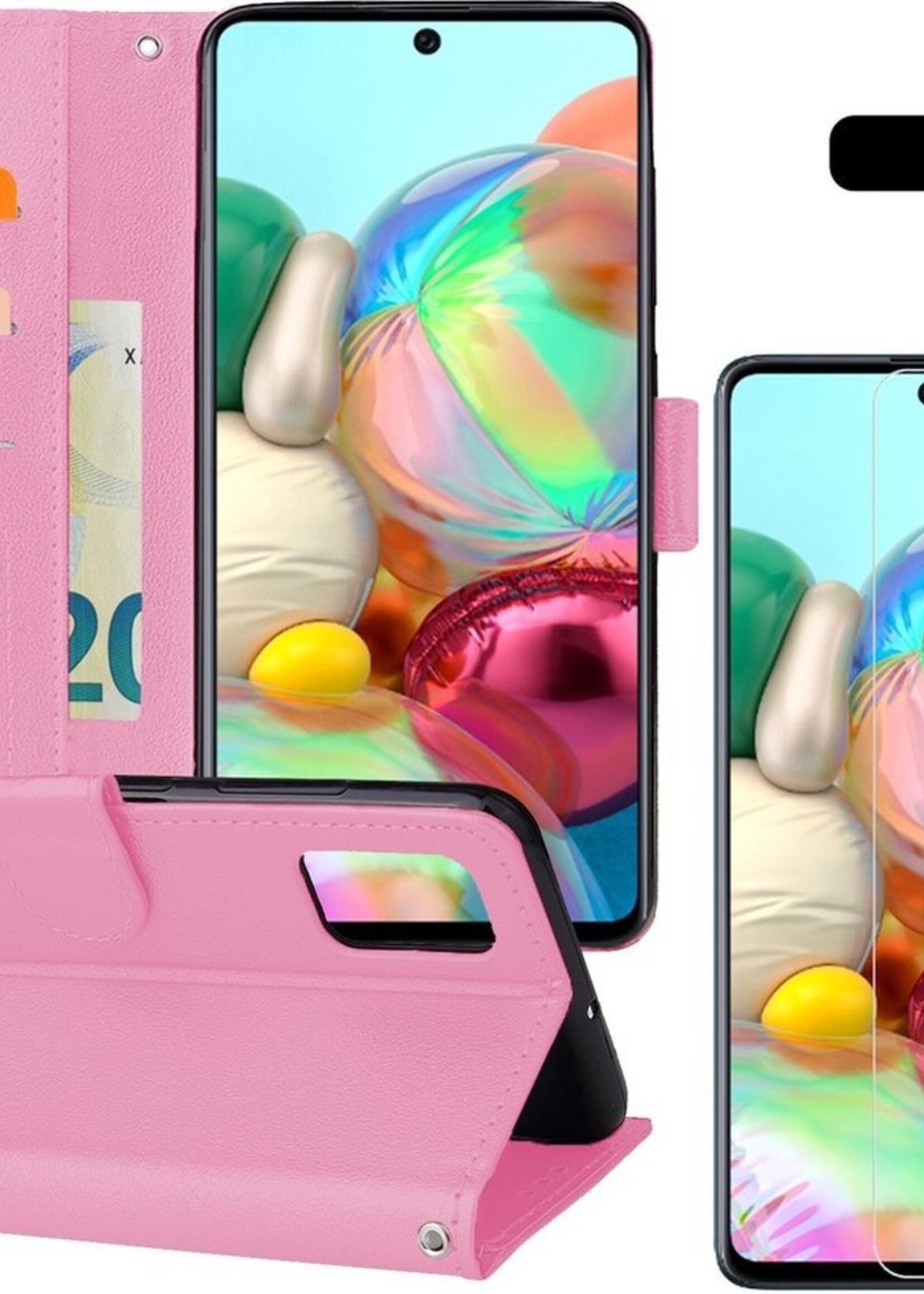 BTH Hoesje Geschikt voor Samsung A71 Hoesje Book Case Hoes Portemonnee Cover Walletcase Met 2x Screenprotector - Hoes Geschikt voor Samsung Galaxy A71 Hoes Bookcase Hoesje - Lichtroze