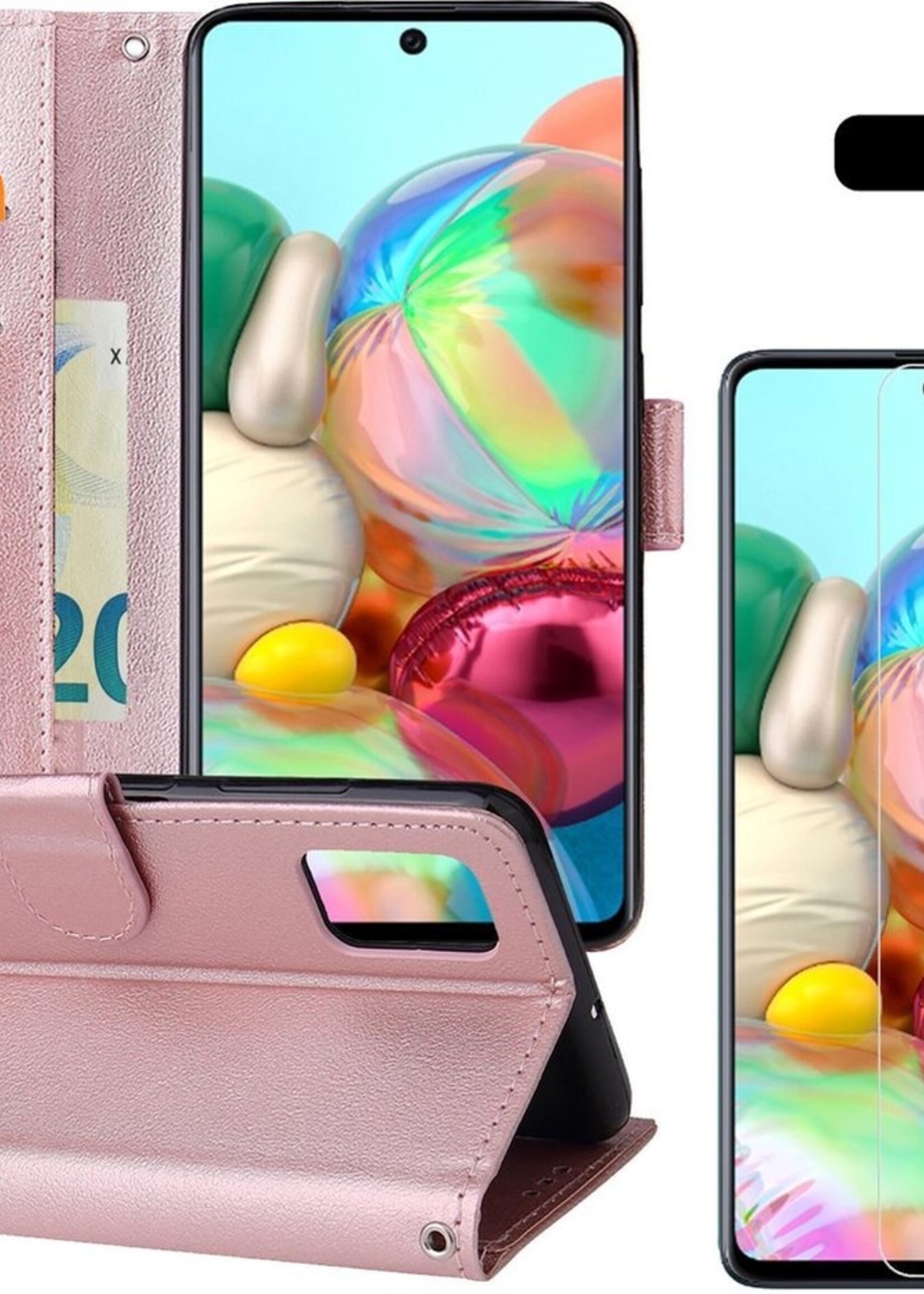 BTH Hoesje Geschikt voor Samsung A71 Hoesje Book Case Hoes Portemonnee Cover Walletcase Met 2x Screenprotector - Hoes Geschikt voor Samsung Galaxy A71 Hoes Bookcase Hoesje - Rosé goud