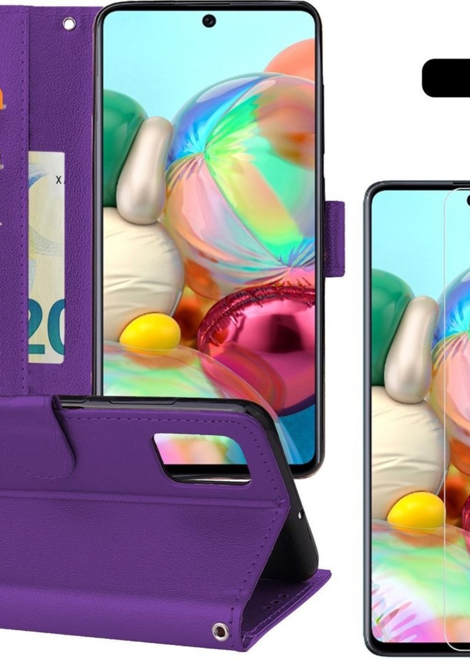 BTH Hoesje Geschikt voor Samsung A71 Hoesje Book Case Hoes Portemonnee Cover Walletcase Met 2x Screenprotector - Hoes Geschikt voor Samsung Galaxy A71 Hoes Bookcase Hoesje - Paars