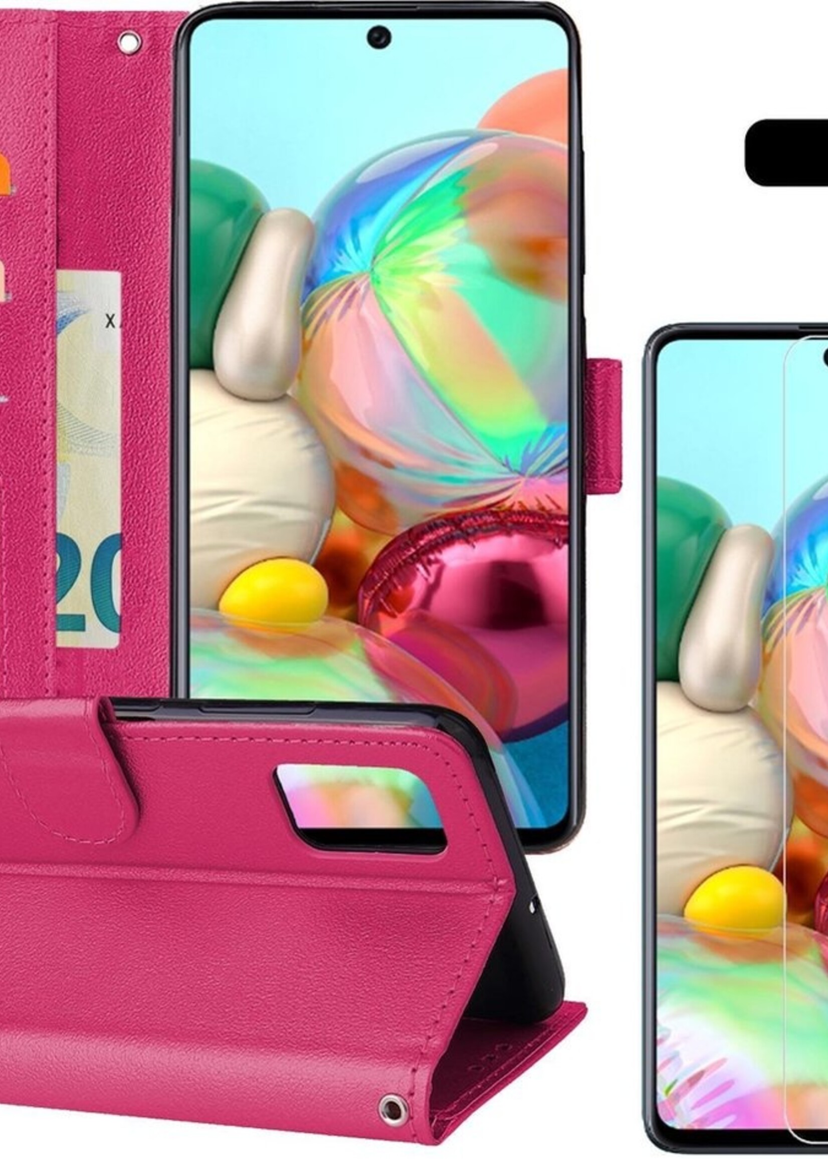 BTH Hoesje Geschikt voor Samsung A71 Hoesje Book Case Hoes Portemonnee Cover Walletcase Met 2x Screenprotector - Hoes Geschikt voor Samsung Galaxy A71 Hoes Bookcase Hoesje - Donkerroze