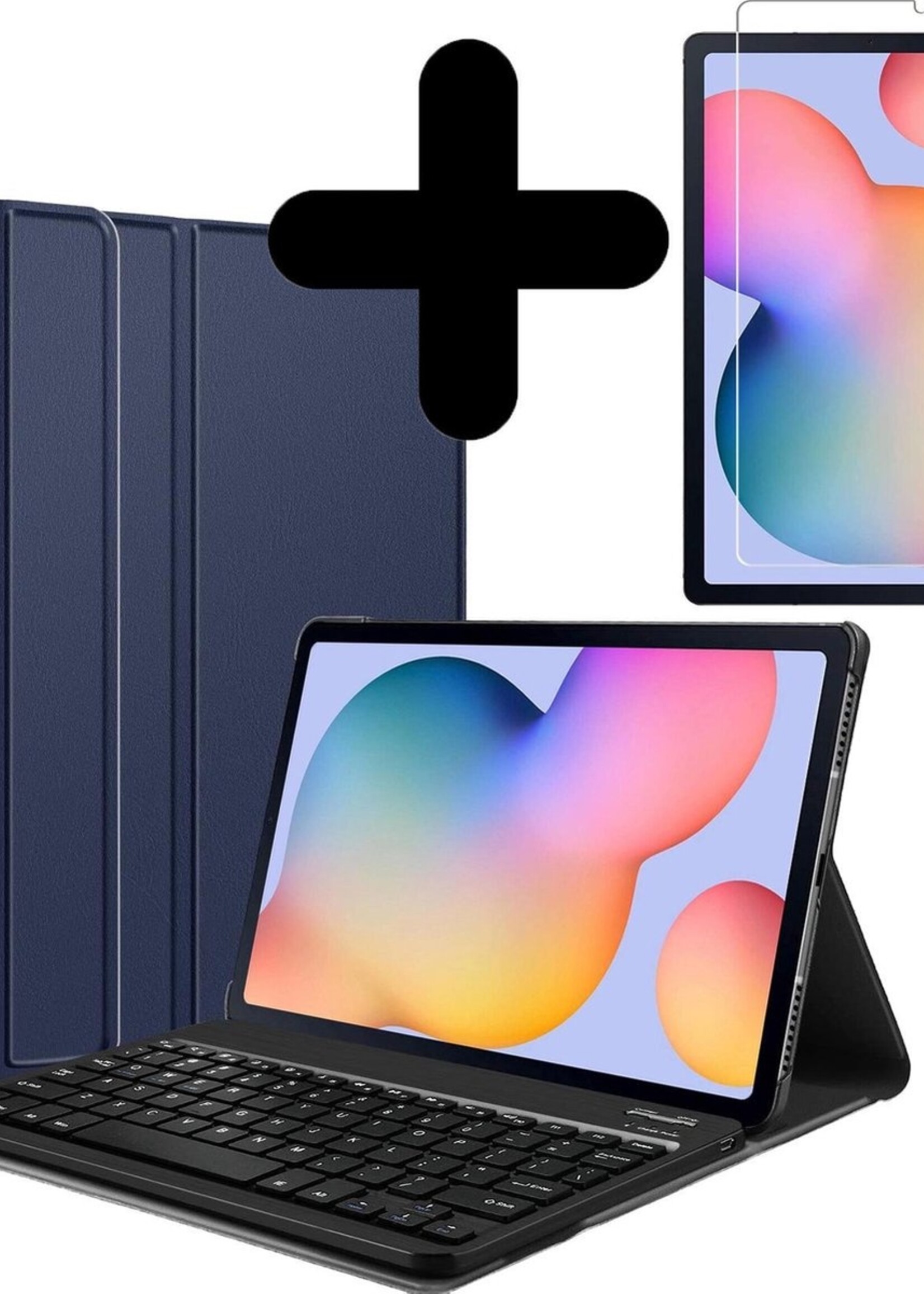 BTH Hoes Geschikt voor Samsung Galaxy Tab S6 Lite Hoes Toetsenbord Hoesje Keyboard Case Cover Met Screenprotector - Hoesje Geschikt voor Samsung Tab S6 Lite Hoes Toetsenbord Case - Donkerblauw