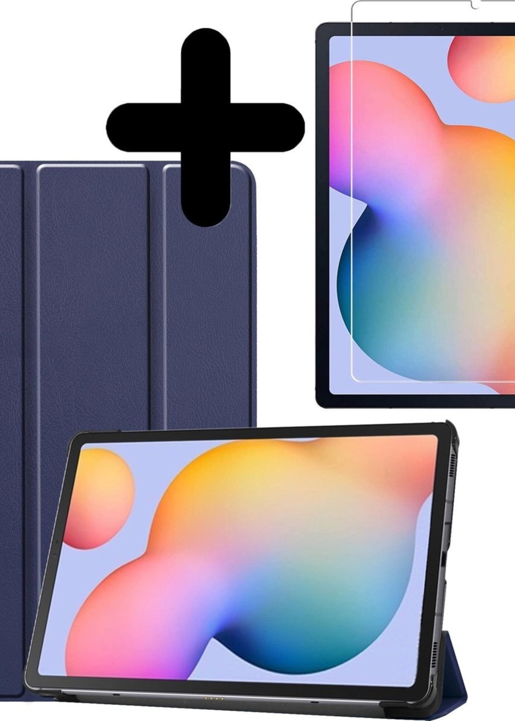 BTH Hoes Geschikt voor Samsung Galaxy Tab S6 Lite Hoes Book Case Hoesje Trifold Cover Met Screenprotector - Hoesje Geschikt voor Samsung Tab S6 Lite Hoesje Bookcase - Donkerblauw