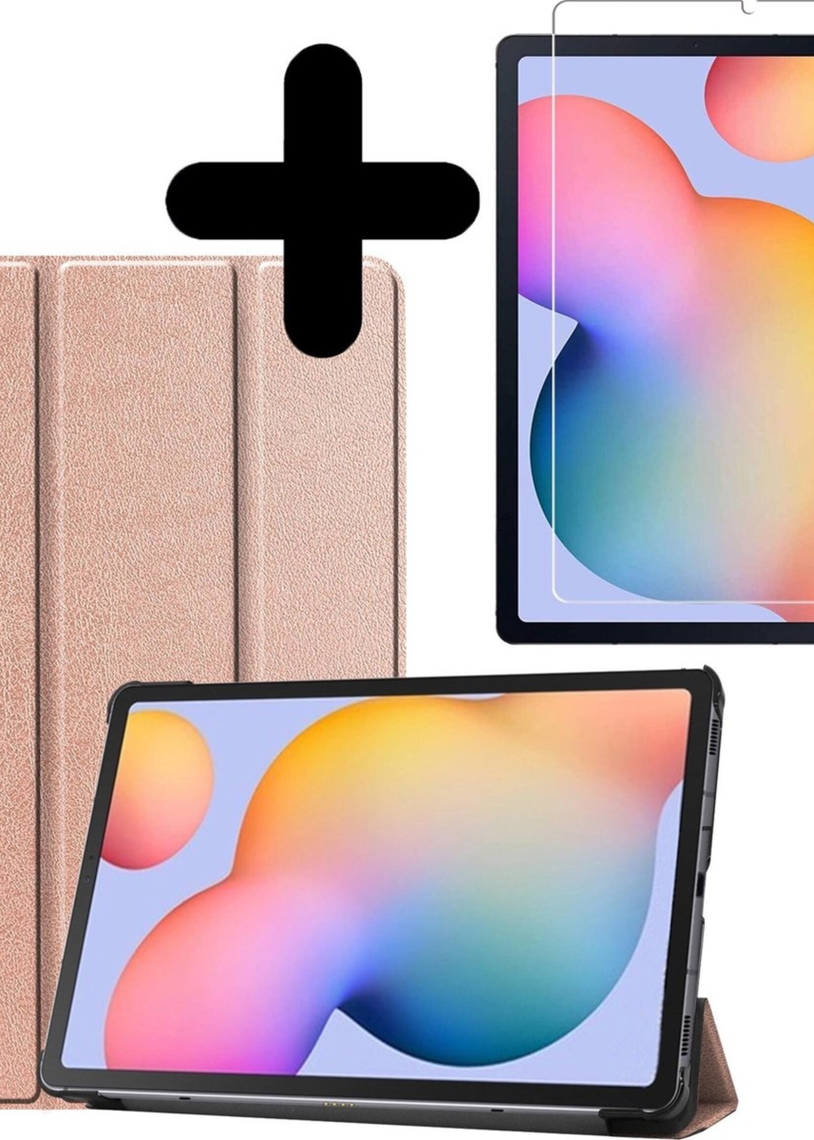 BTH Hoes Geschikt voor Samsung Galaxy Tab S6 Lite Hoes Book Case Hoesje Trifold Cover Met Screenprotector - Hoesje Geschikt voor Samsung Tab S6 Lite Hoesje Bookcase - Rosé goud