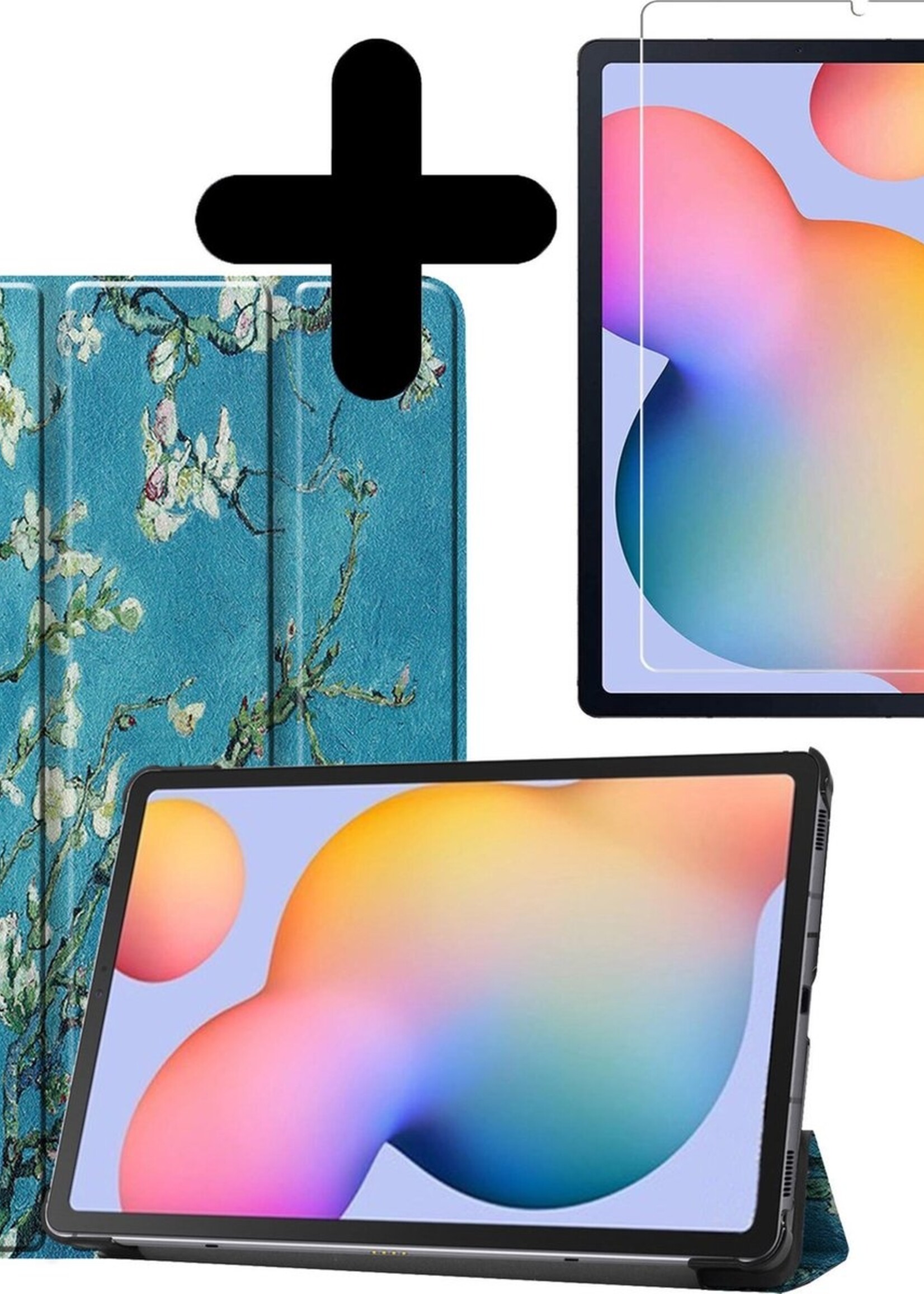 BTH Hoes Geschikt voor Samsung Galaxy Tab S6 Lite Hoes Book Case Hoesje Trifold Cover Met Screenprotector - Hoesje Geschikt voor Samsung Tab S6 Lite Hoesje Bookcase - Bloesem