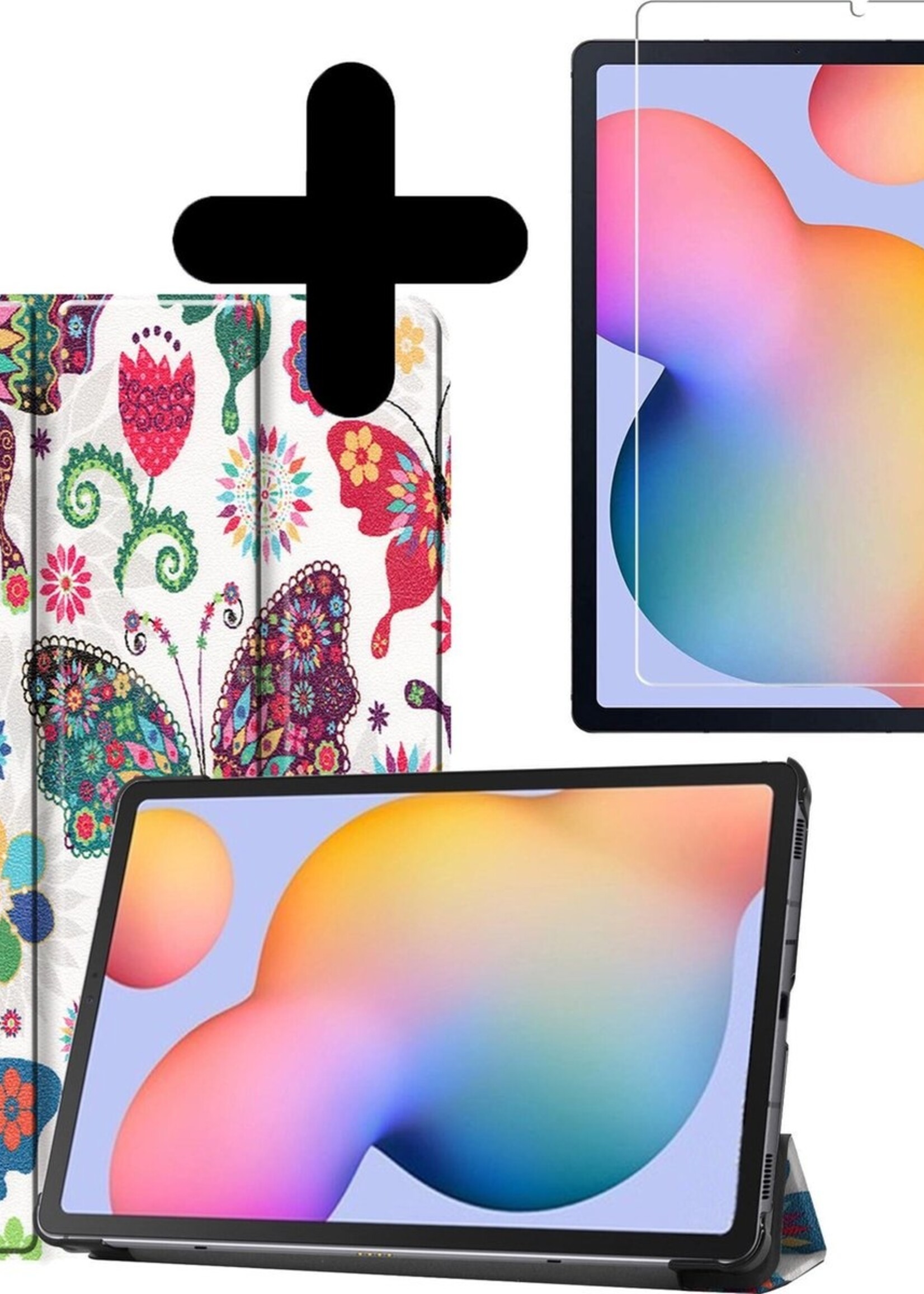 BTH Hoes Geschikt voor Samsung Galaxy Tab S6 Lite Hoes Book Case Hoesje Trifold Cover Met Screenprotector - Hoesje Geschikt voor Samsung Tab S6 Lite Hoesje Bookcase - Vlinders