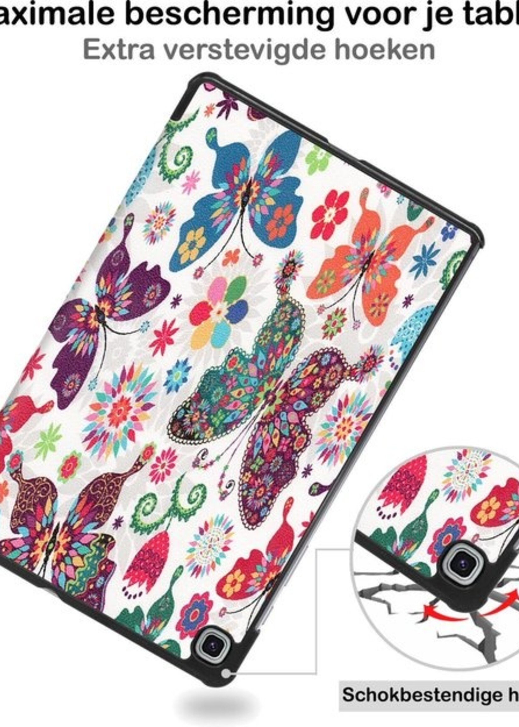 BTH Hoes Geschikt voor Samsung Galaxy Tab S6 Lite Hoes Book Case Hoesje Trifold Cover Met Screenprotector - Hoesje Geschikt voor Samsung Tab S6 Lite Hoesje Bookcase - Vlinders
