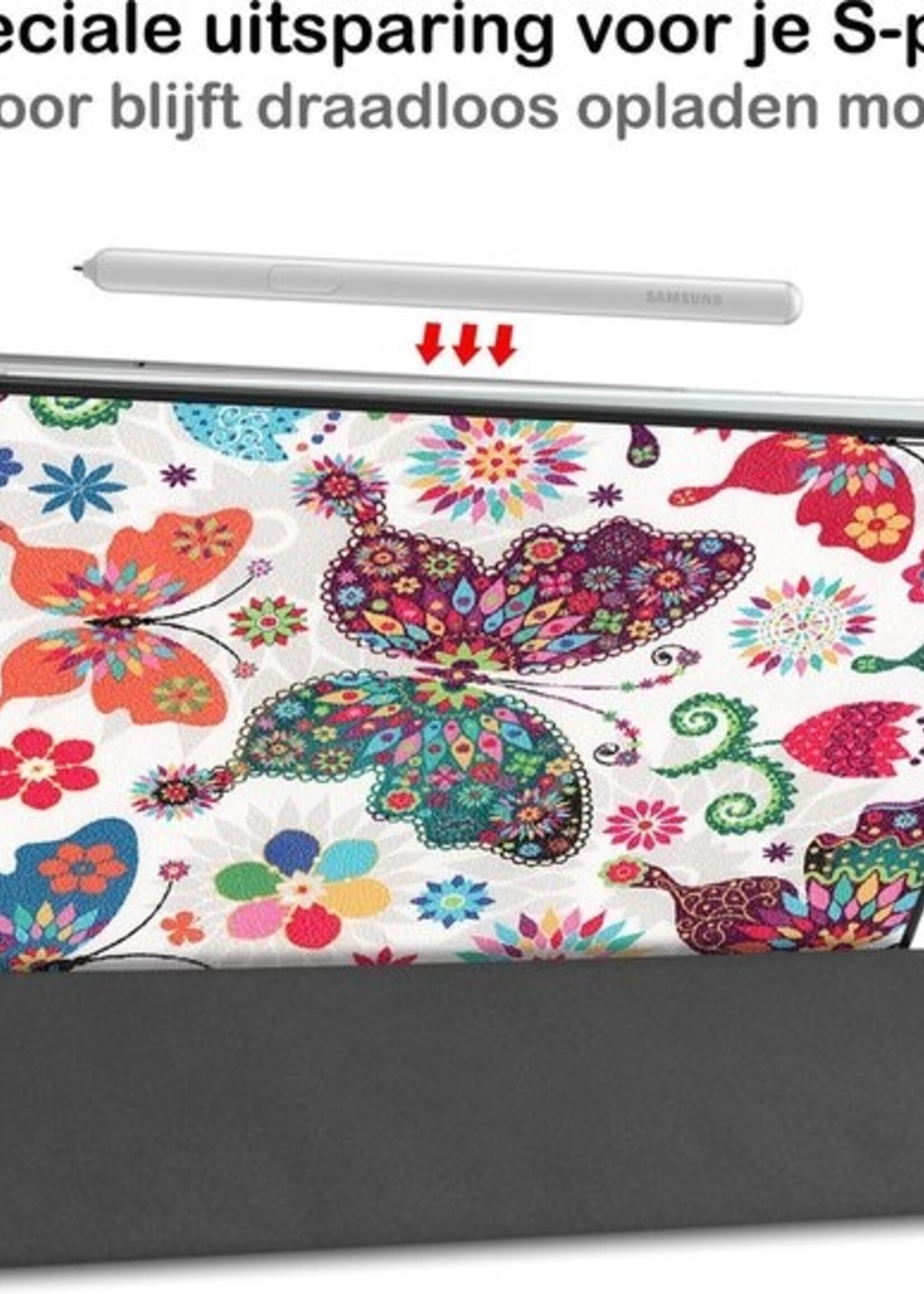 BTH Hoes Geschikt voor Samsung Galaxy Tab S6 Lite Hoes Book Case Hoesje Trifold Cover Met Screenprotector - Hoesje Geschikt voor Samsung Tab S6 Lite Hoesje Bookcase - Vlinders