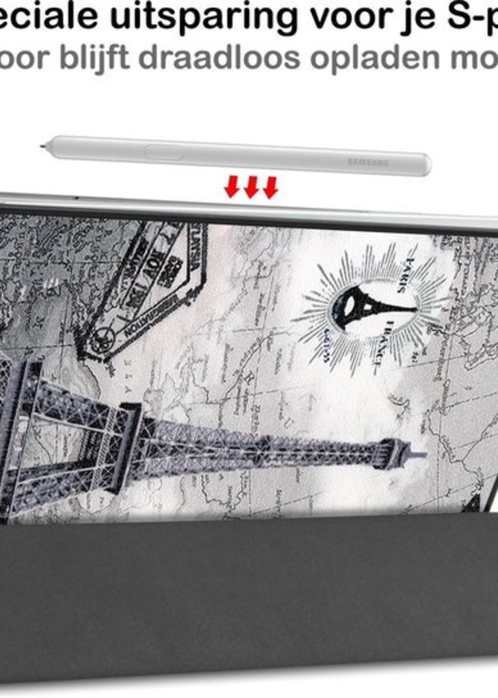 BTH Hoes Geschikt voor Samsung Galaxy Tab S6 Lite Hoes Book Case Hoesje Trifold Cover Met Screenprotector - Hoesje Geschikt voor Samsung Tab S6 Lite Hoesje Bookcase - Eiffeltoren