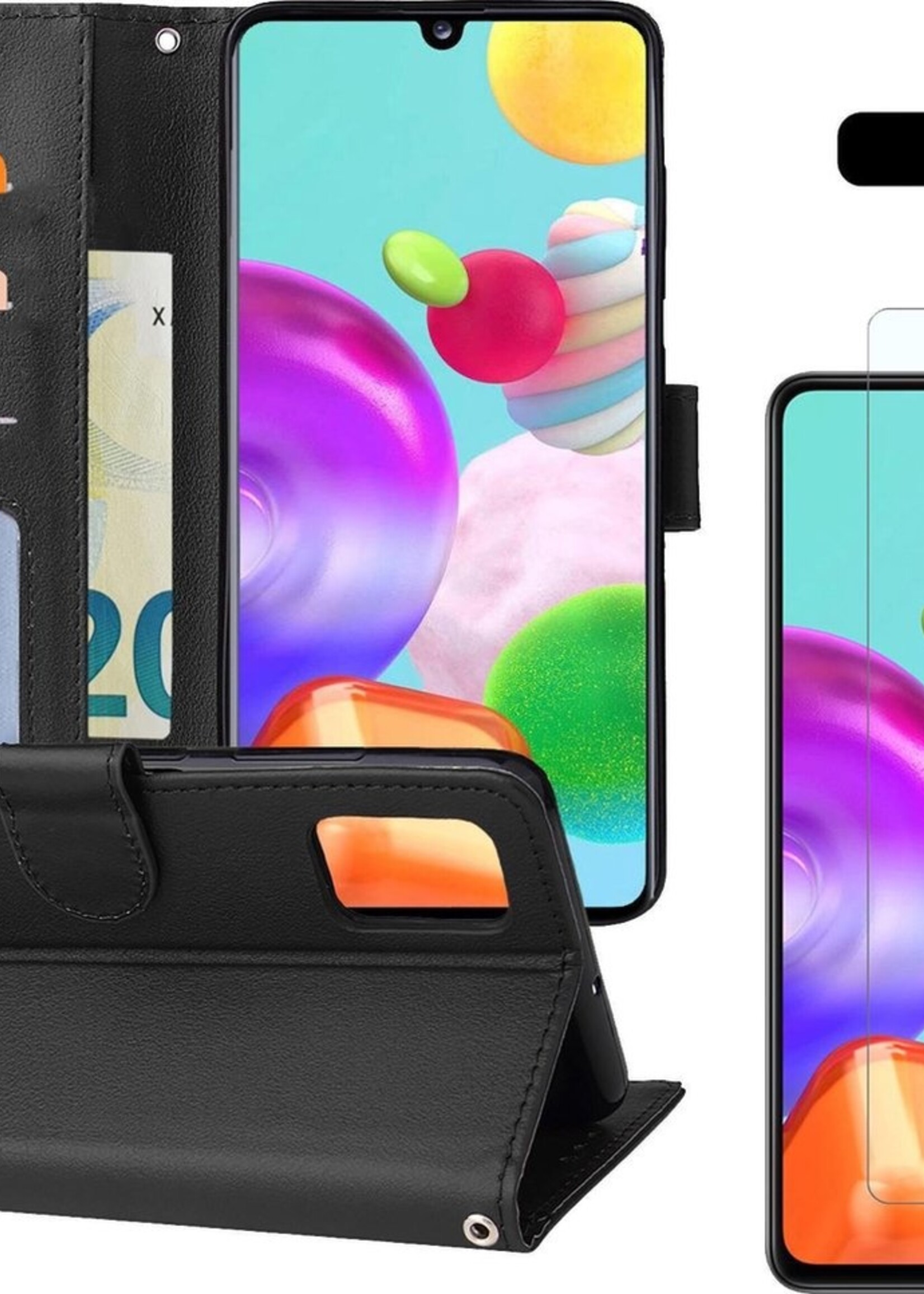 BTH Hoesje Geschikt voor Samsung A41 Hoesje Book Case Hoes Portemonnee Cover Walletcase Met Screenprotector - Hoes Geschikt voor Samsung Galaxy A41 Hoes Bookcase Hoesje - Zwart