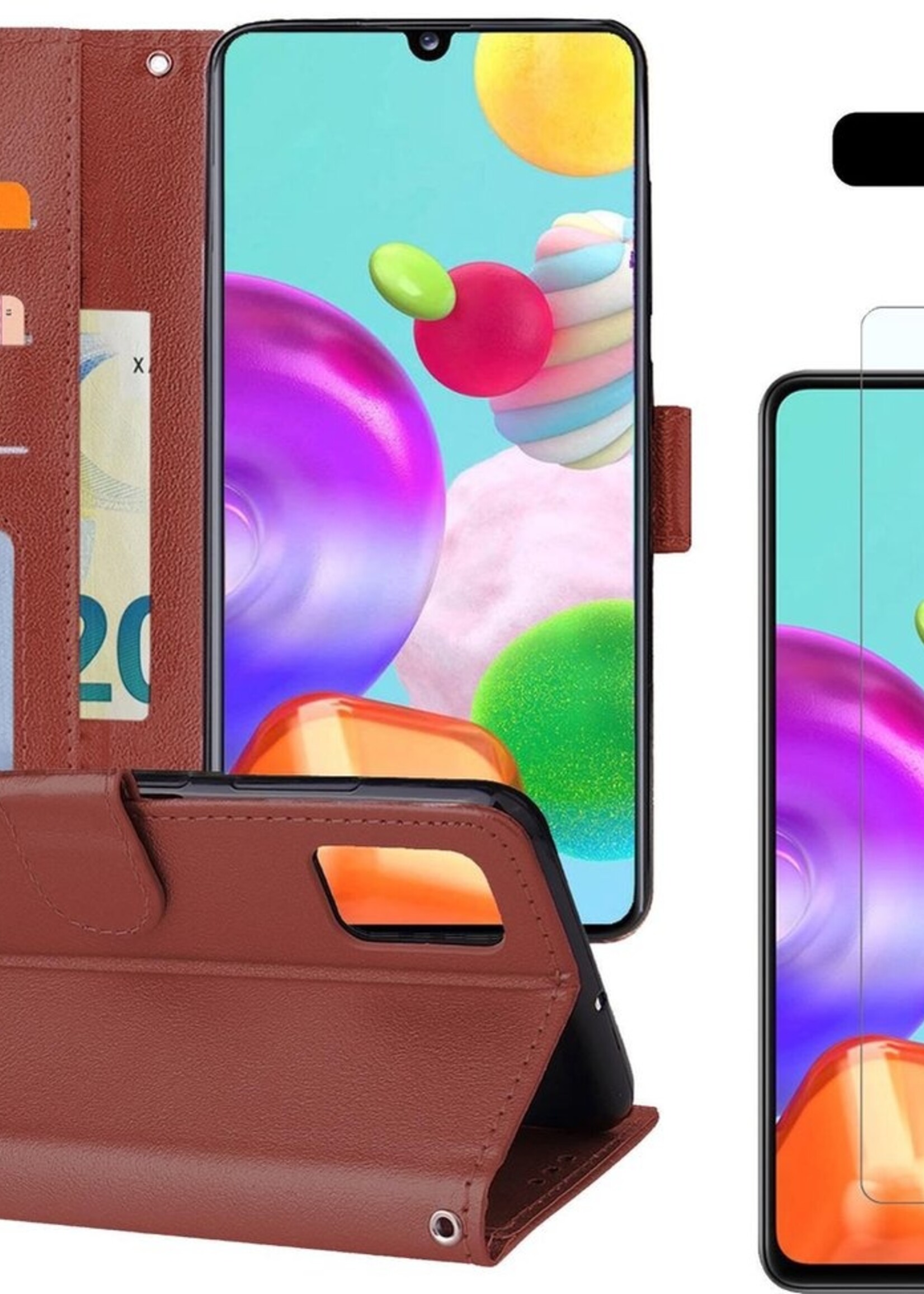 BTH Hoesje Geschikt voor Samsung A41 Hoesje Book Case Hoes Portemonnee Cover Walletcase Met Screenprotector - Hoes Geschikt voor Samsung Galaxy A41 Hoes Bookcase Hoesje - Bruin