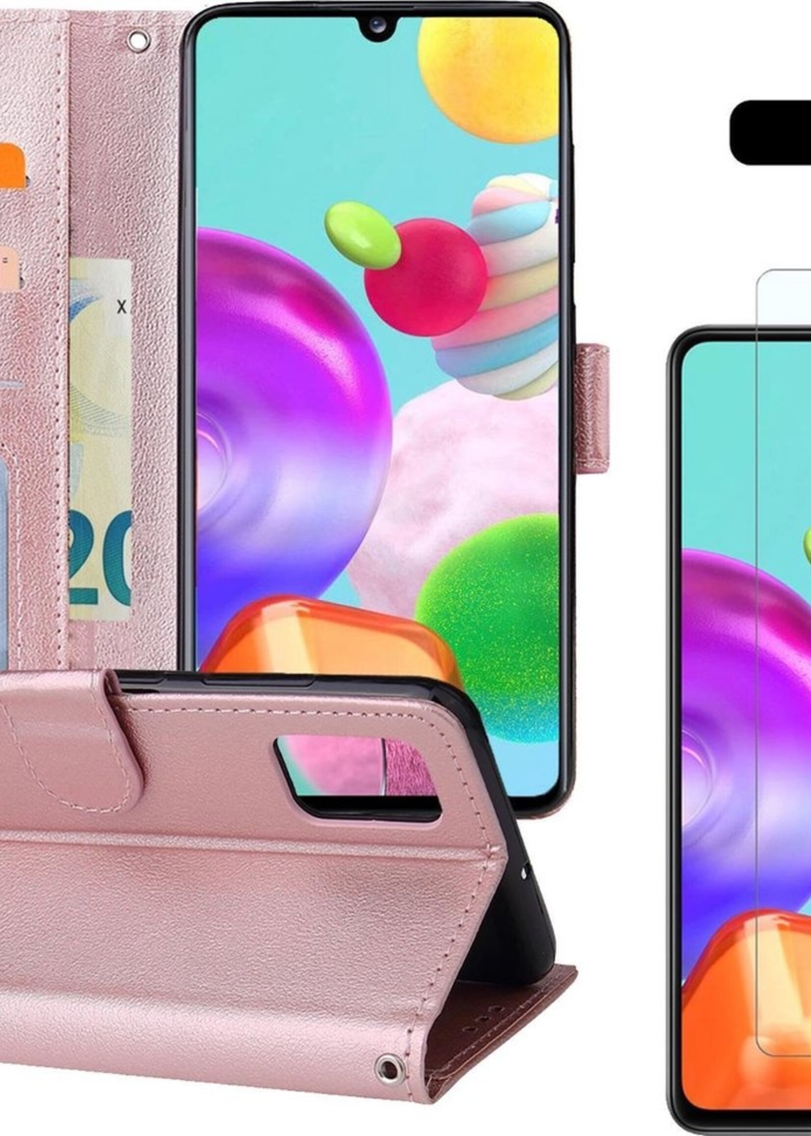 BTH Hoesje Geschikt voor Samsung A41 Hoesje Book Case Hoes Portemonnee Cover Walletcase Met Screenprotector - Hoes Geschikt voor Samsung Galaxy A41 Hoes Bookcase Hoesje - Rosé goud