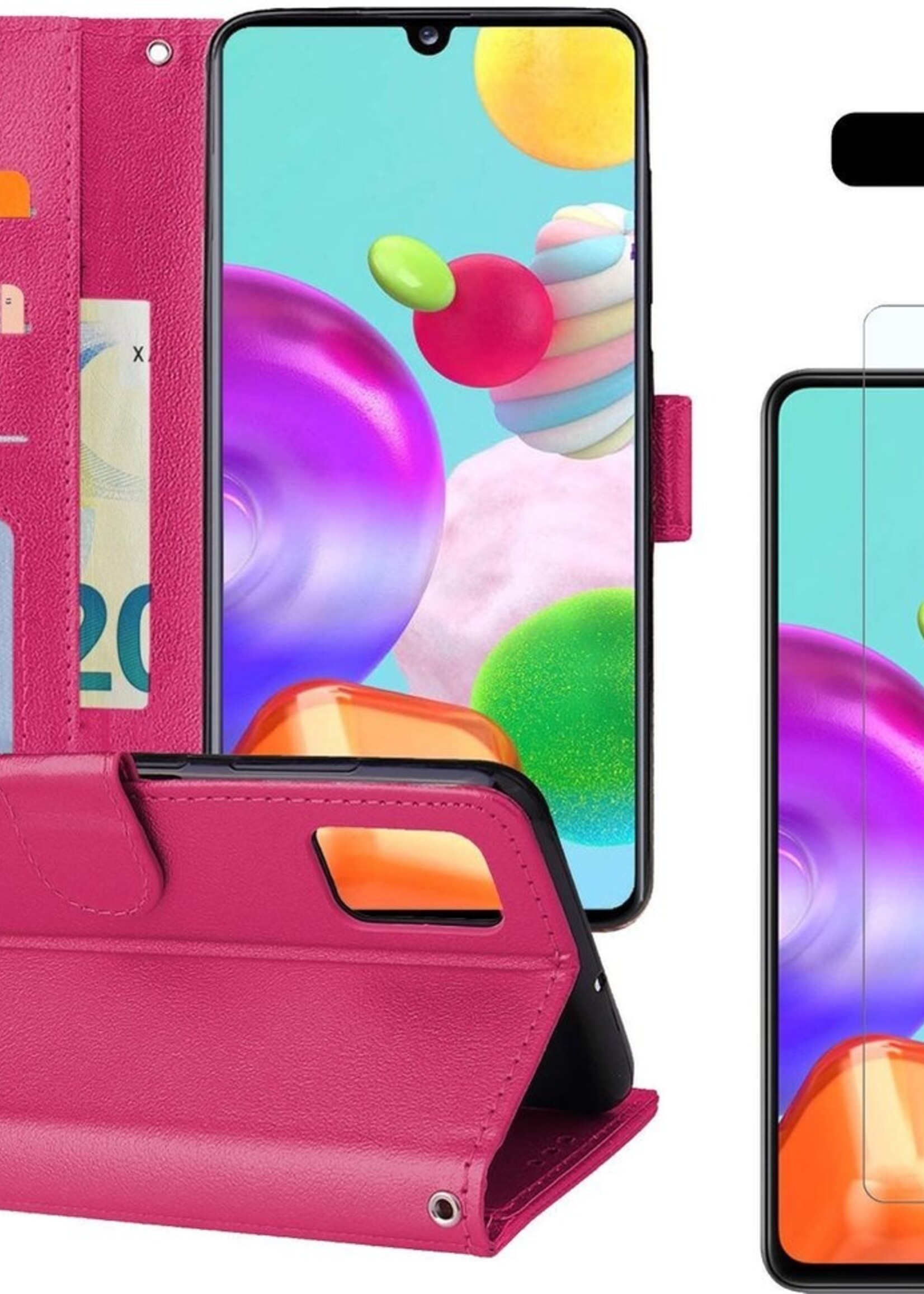 BTH Hoesje Geschikt voor Samsung A41 Hoesje Book Case Hoes Portemonnee Cover Walletcase Met Screenprotector - Hoes Geschikt voor Samsung Galaxy A41 Hoes Bookcase Hoesje - Donkerroze