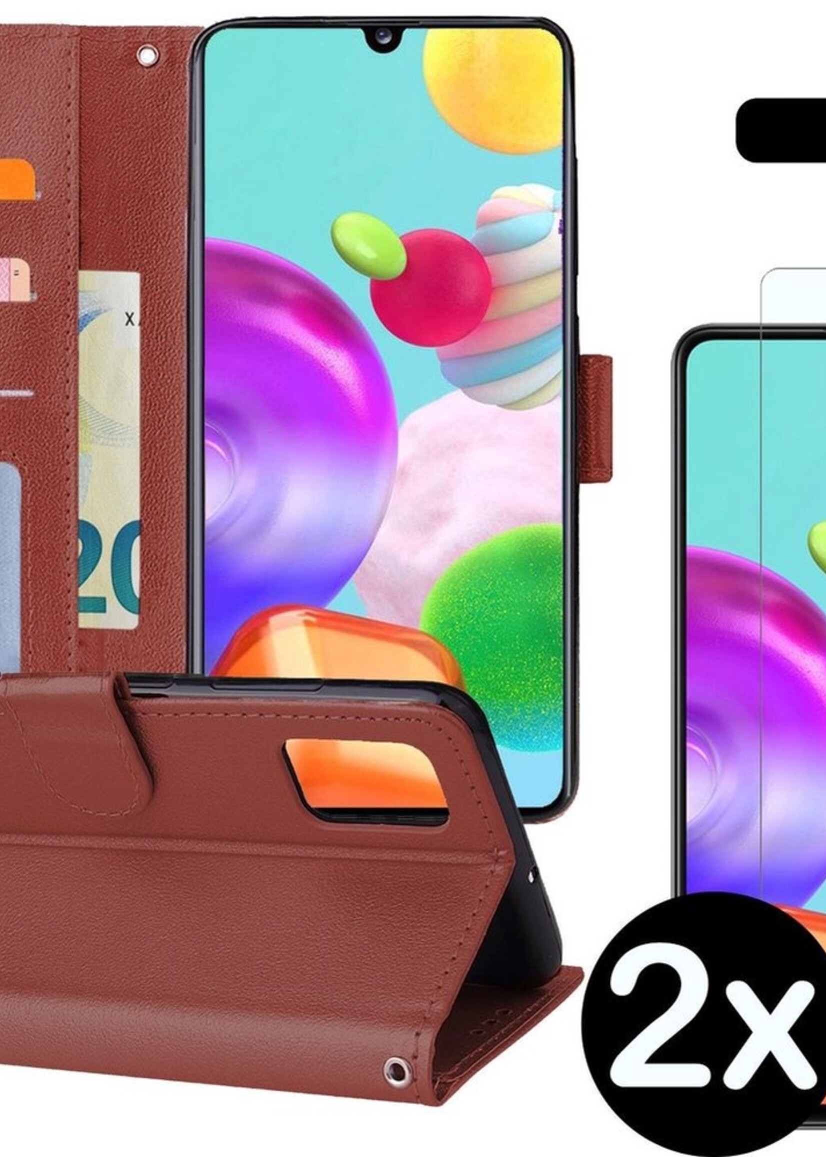 BTH Hoesje Geschikt voor Samsung A41 Hoesje Book Case Hoes Portemonnee Cover Walletcase Met 2x Screenprotector - Hoes Geschikt voor Samsung Galaxy A41 Hoes Bookcase Hoesje - Bruin