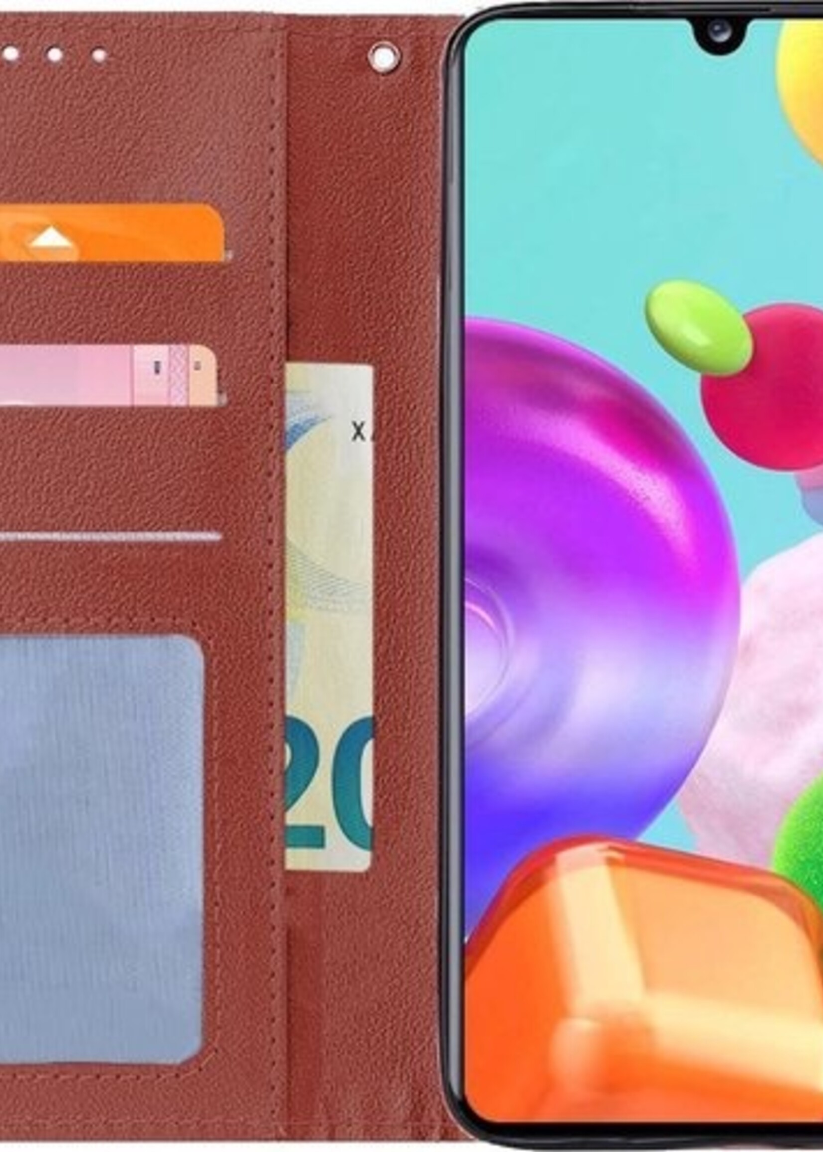 BTH Hoesje Geschikt voor Samsung A41 Hoesje Book Case Hoes Portemonnee Cover Walletcase Met 2x Screenprotector - Hoes Geschikt voor Samsung Galaxy A41 Hoes Bookcase Hoesje - Bruin