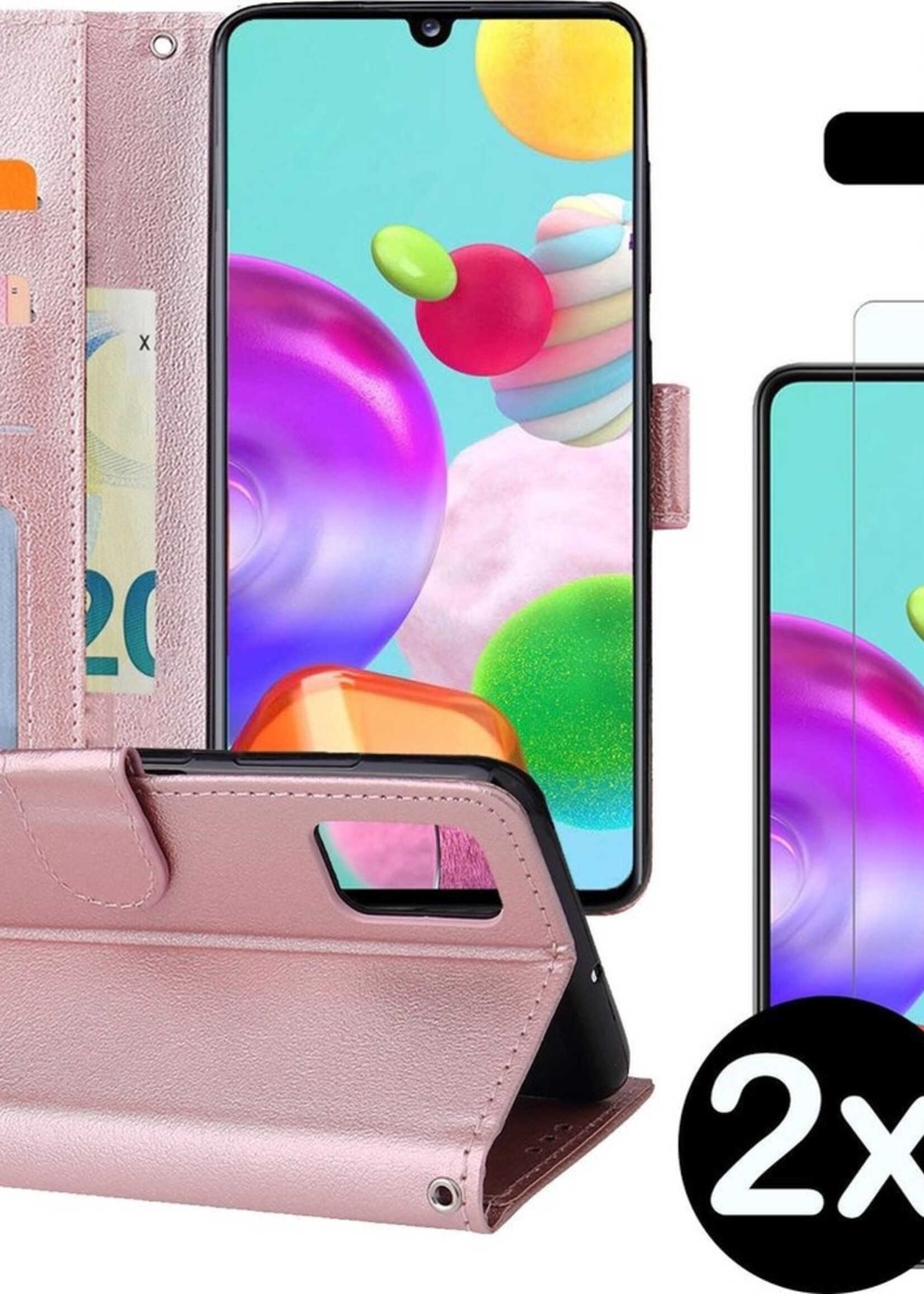 BTH Hoesje Geschikt voor Samsung A41 Hoesje Book Case Hoes Portemonnee Cover Walletcase Met 2x Screenprotector - Hoes Geschikt voor Samsung Galaxy A41 Hoes Bookcase Hoesje - Rosé goud