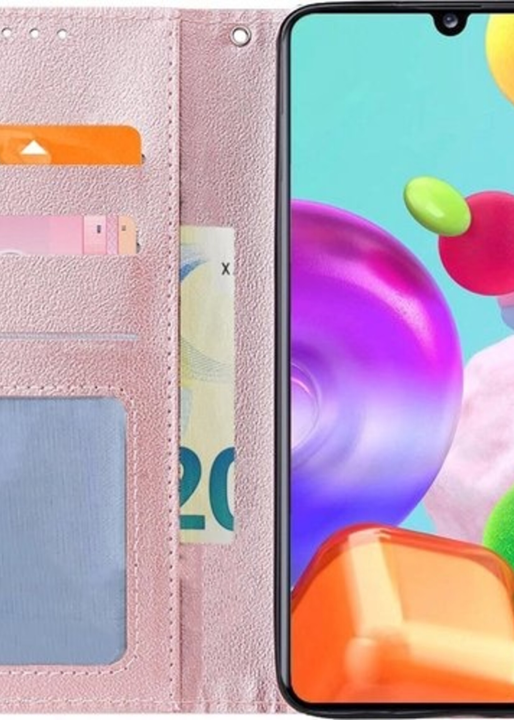 BTH Hoesje Geschikt voor Samsung A41 Hoesje Book Case Hoes Portemonnee Cover Walletcase Met 2x Screenprotector - Hoes Geschikt voor Samsung Galaxy A41 Hoes Bookcase Hoesje - Rosé goud