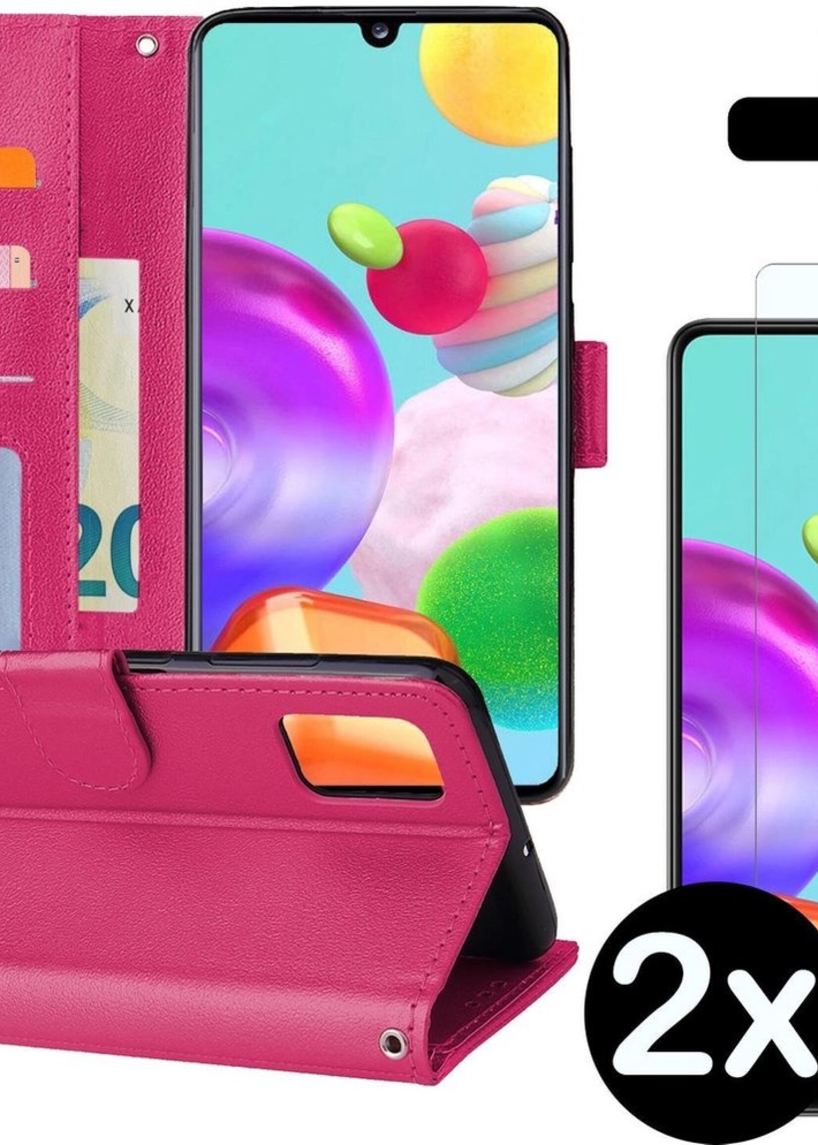 BTH Hoesje Geschikt voor Samsung A41 Hoesje Book Case Hoes Portemonnee Cover Walletcase Met 2x Screenprotector - Hoes Geschikt voor Samsung Galaxy A41 Hoes Bookcase Hoesje - Donkerroze