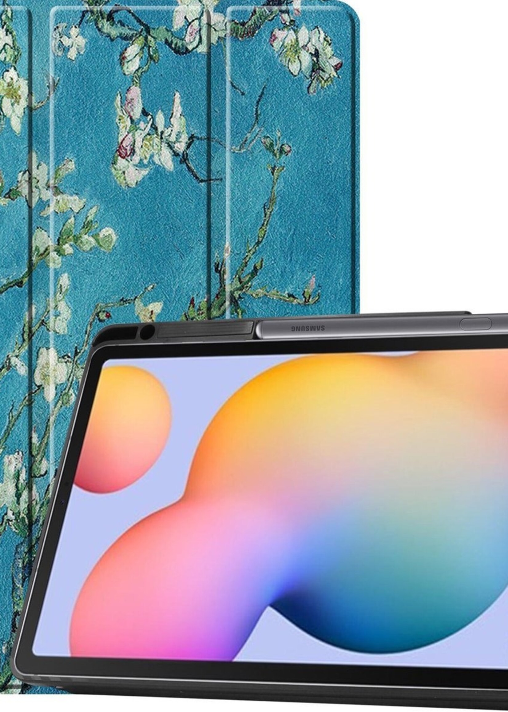 BTH Hoes Geschikt voor Samsung Galaxy Tab S6 Lite Hoes Book Case Hoesje Trifold Cover Met Uitsparing Geschikt voor S Pen - Hoesje Geschikt voor Samsung Tab S6 Lite Hoesje Bookcase - Bloesem