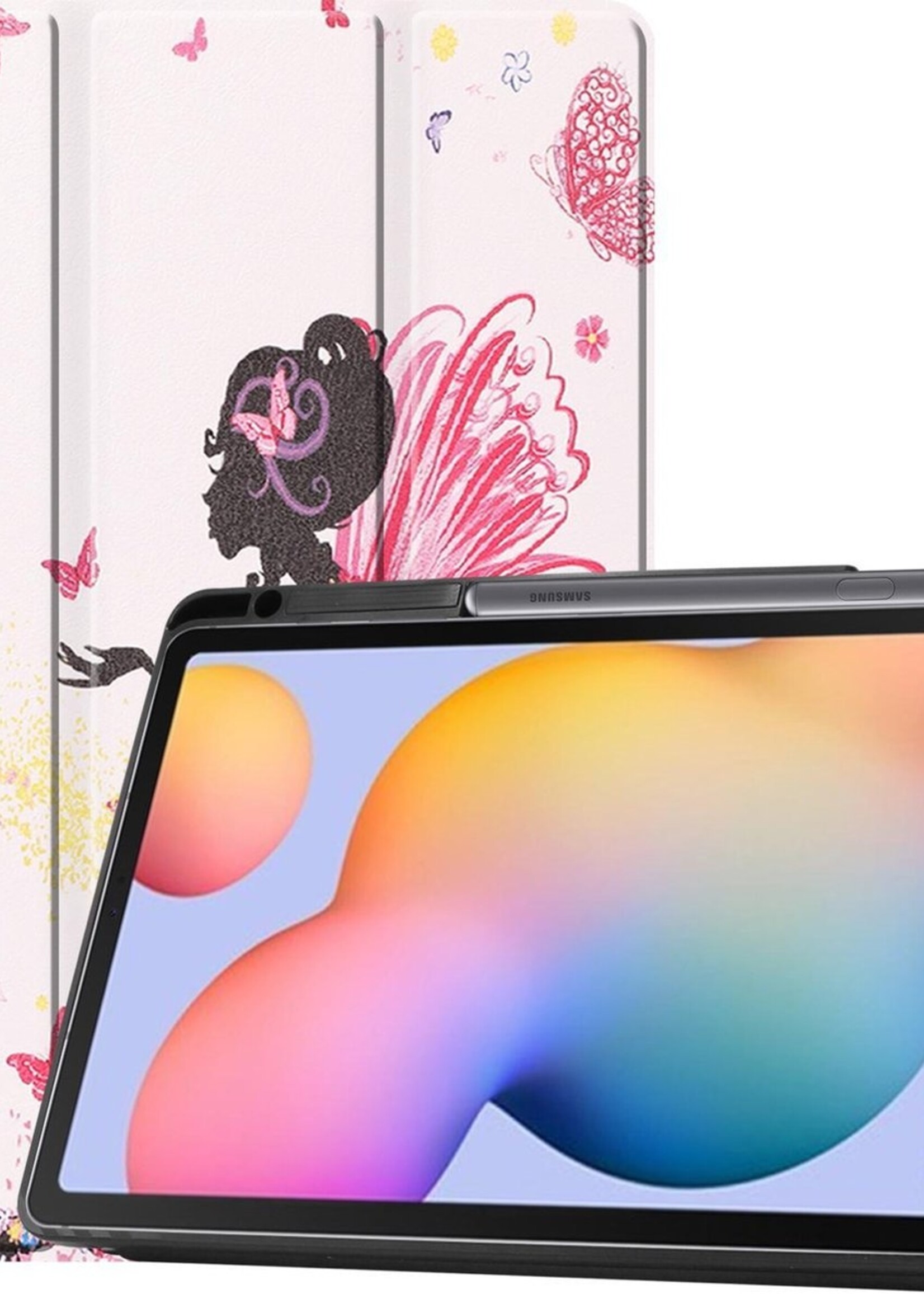 BTH Hoes Geschikt voor Samsung Galaxy Tab S6 Lite Hoes Book Case Hoesje Trifold Cover Met Uitsparing Geschikt voor S Pen - Hoesje Geschikt voor Samsung Tab S6 Lite Hoesje Bookcase - Vlinders