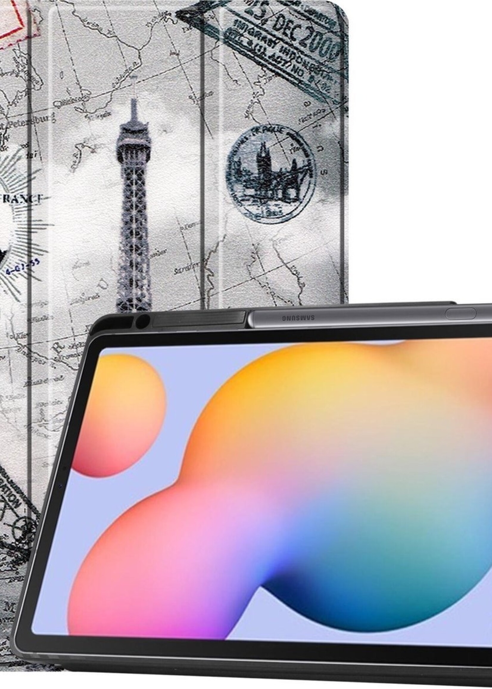 BTH Hoes Geschikt voor Samsung Galaxy Tab S6 Lite Hoes Book Case Hoesje Trifold Cover Met Uitsparing Geschikt voor S Pen - Hoesje Geschikt voor Samsung Tab S6 Lite Hoesje Bookcase - Eiffeltoren