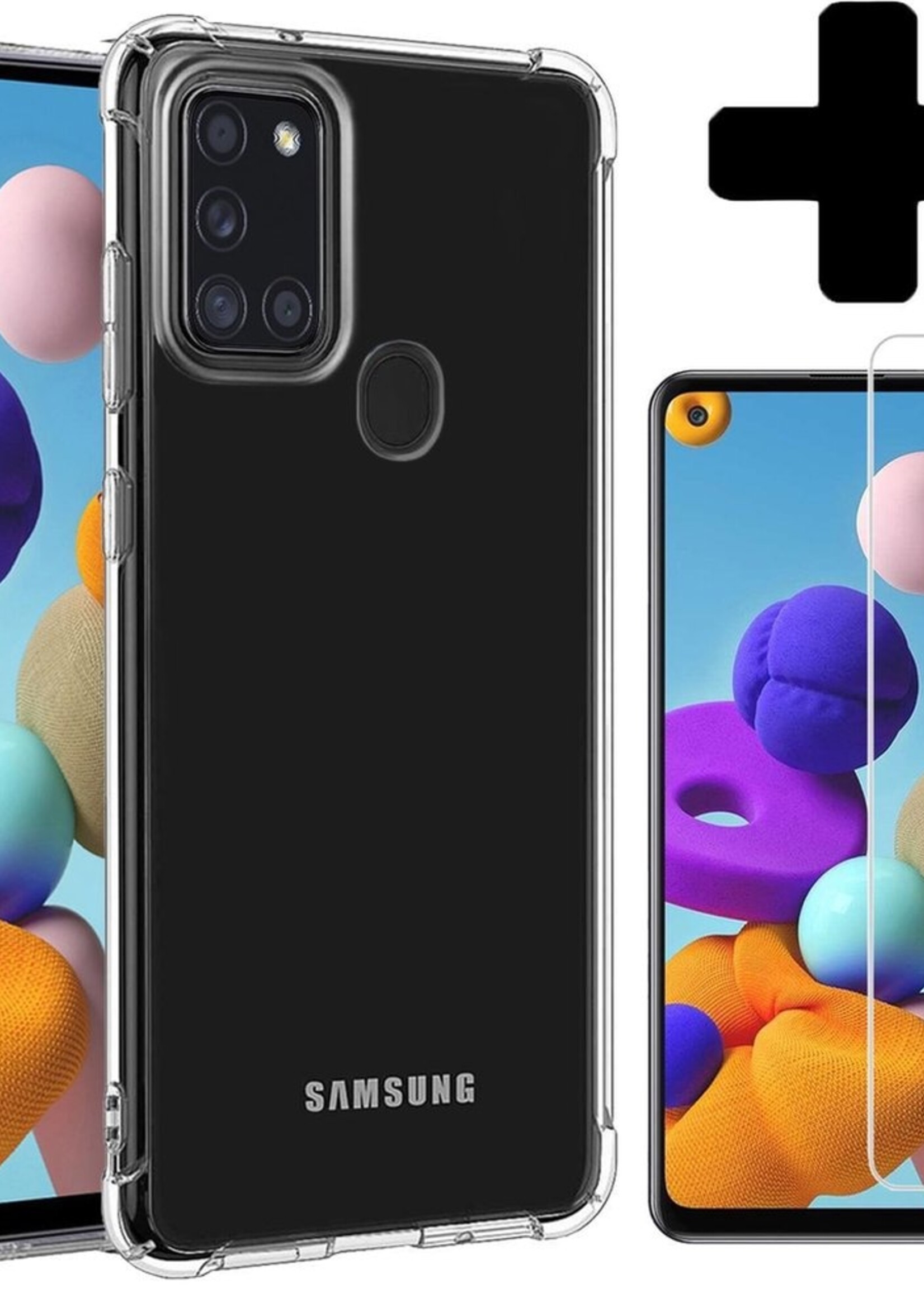 BTH Hoesje Geschikt voor Samsung A21s Hoesje Siliconen Shock Proof Case Hoes Met Screenprotector - Hoes Geschikt voor Samsung Galaxy A21s Hoes Cover Case Shockproof - Transparant