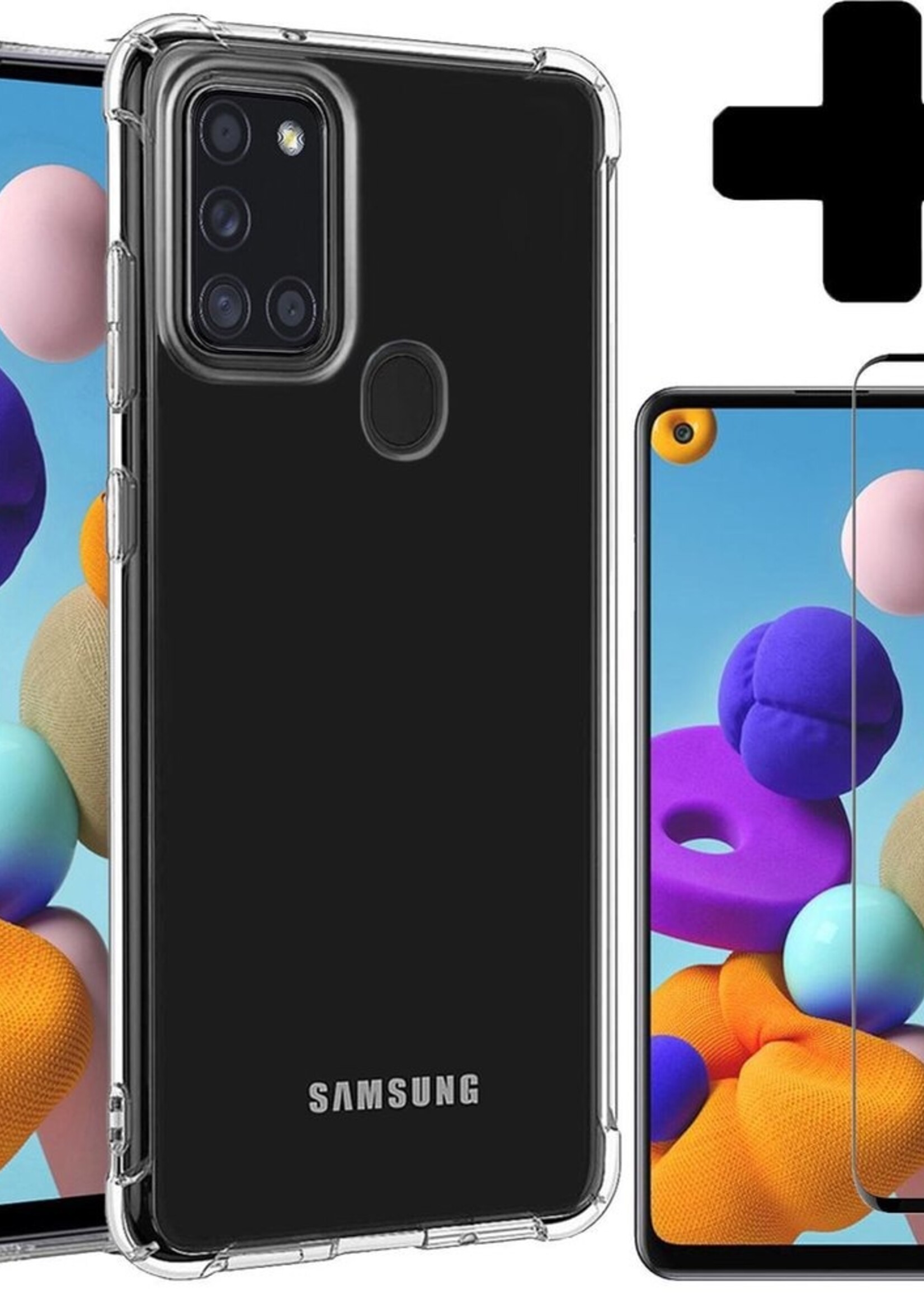 BTH Hoesje Geschikt voor Samsung A21s Hoesje Siliconen Shock Proof Case Hoes Met Screenprotector - Hoes Geschikt voor Samsung Galaxy A21s Hoes Cover Case Shockproof - Transparant