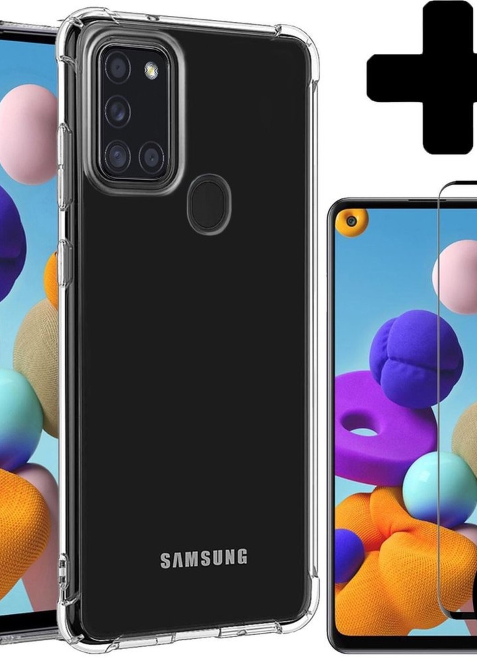 BTH Hoesje Geschikt voor Samsung A21s Hoesje Siliconen Shock Proof Case Hoes Met 2x Screenprotector - Hoes Geschikt voor Samsung Galaxy A21s Hoes Cover Case Shockproof - Transparant