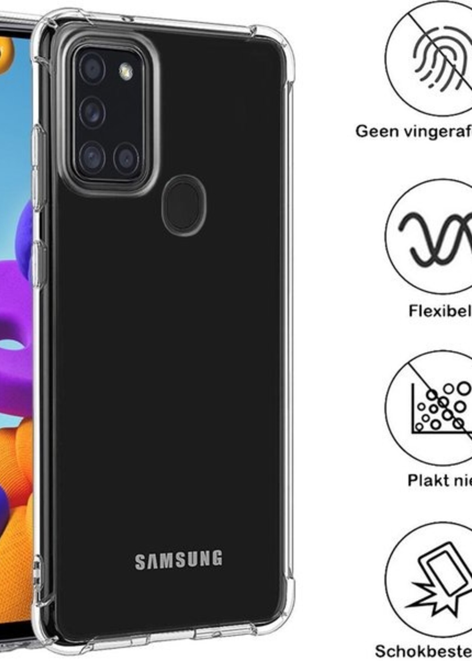 BTH Hoesje Geschikt voor Samsung A21s Hoesje Siliconen Shock Proof Case Hoes Met 2x Screenprotector - Hoes Geschikt voor Samsung Galaxy A21s Hoes Cover Case Shockproof - Transparant
