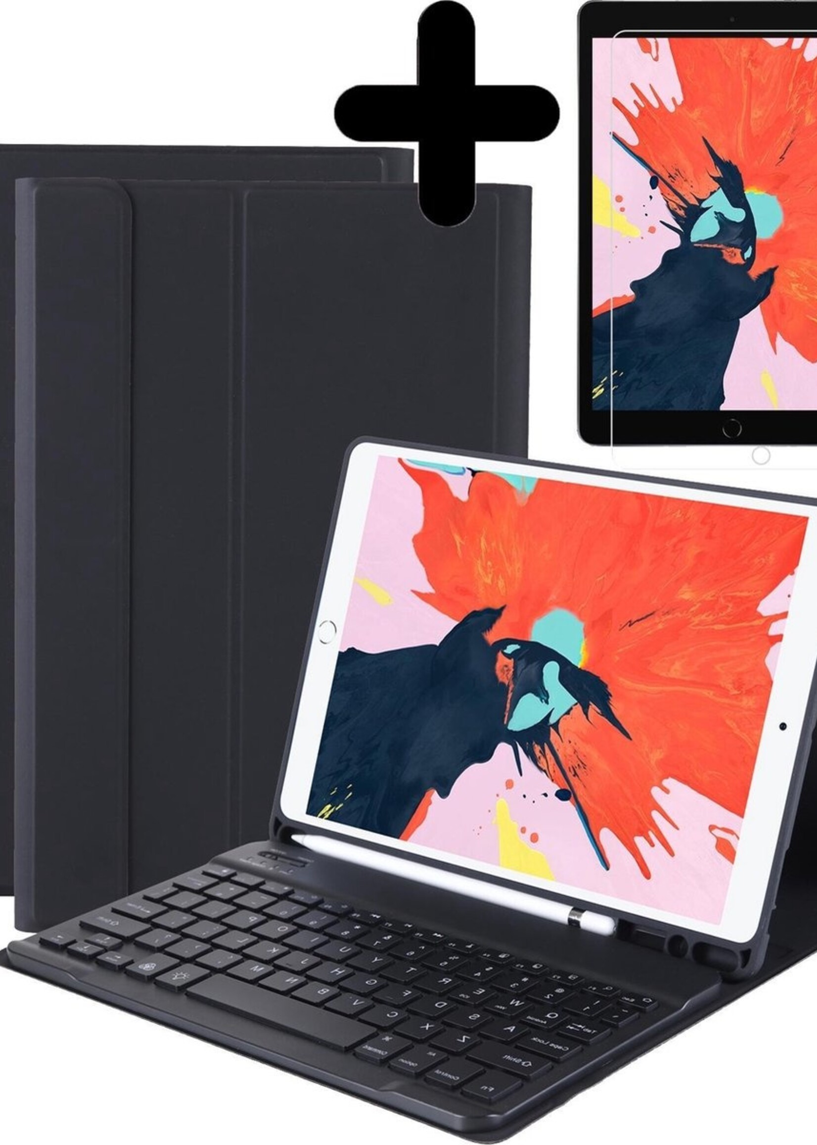 BTH Hoes Geschikt voor iPad 10.2 2019 Hoes Toetsenbord Hoesje Keyboard Case Cover Met Screenprotector - Hoesje Geschikt voor iPad 7 Hoes Toetsenbord Case - Zwart