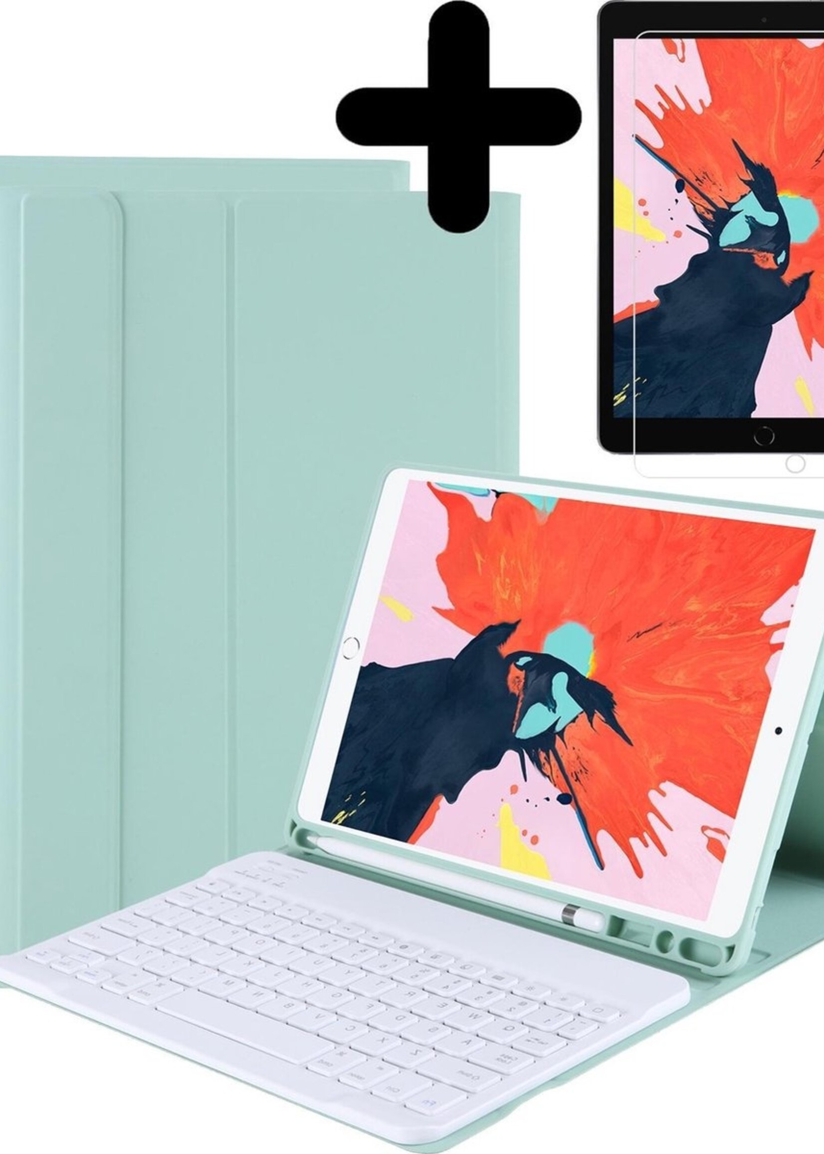 BTH Hoes Geschikt voor iPad 10.2 2019 Hoes Toetsenbord Hoesje Keyboard Case Cover Met Screenprotector - Hoesje Geschikt voor iPad 7 Hoes Toetsenbord Case - Pastelgroen