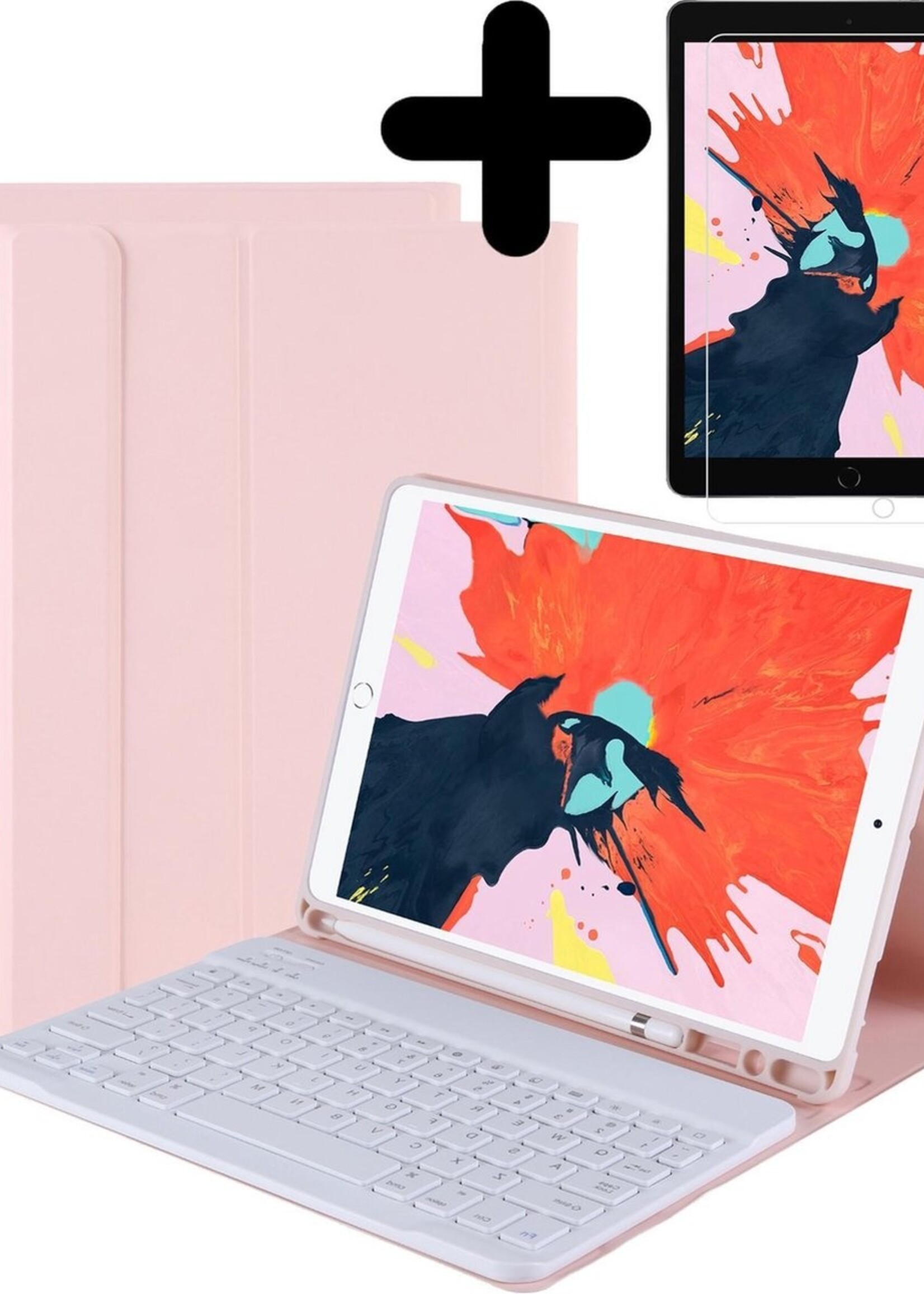 BTH Hoes Geschikt voor iPad 10.2 2019 Hoes Toetsenbord Hoesje Keyboard Case Cover Met Screenprotector - Hoesje Geschikt voor iPad 7 Hoes Toetsenbord Case - Lichtroze
