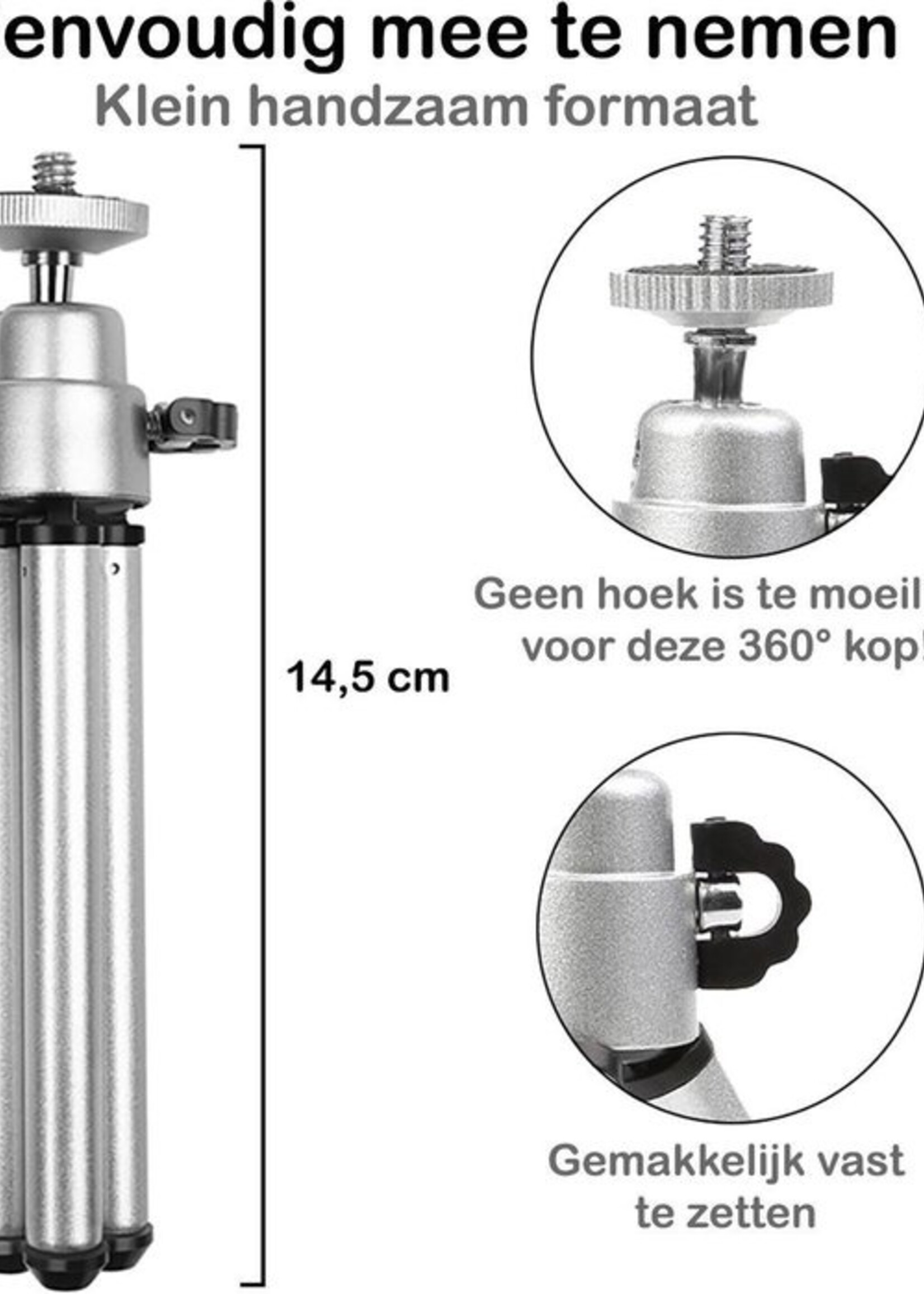 BTH Tripod Smartphone Mini Camera Statief Aluminium Universeel - Zilver