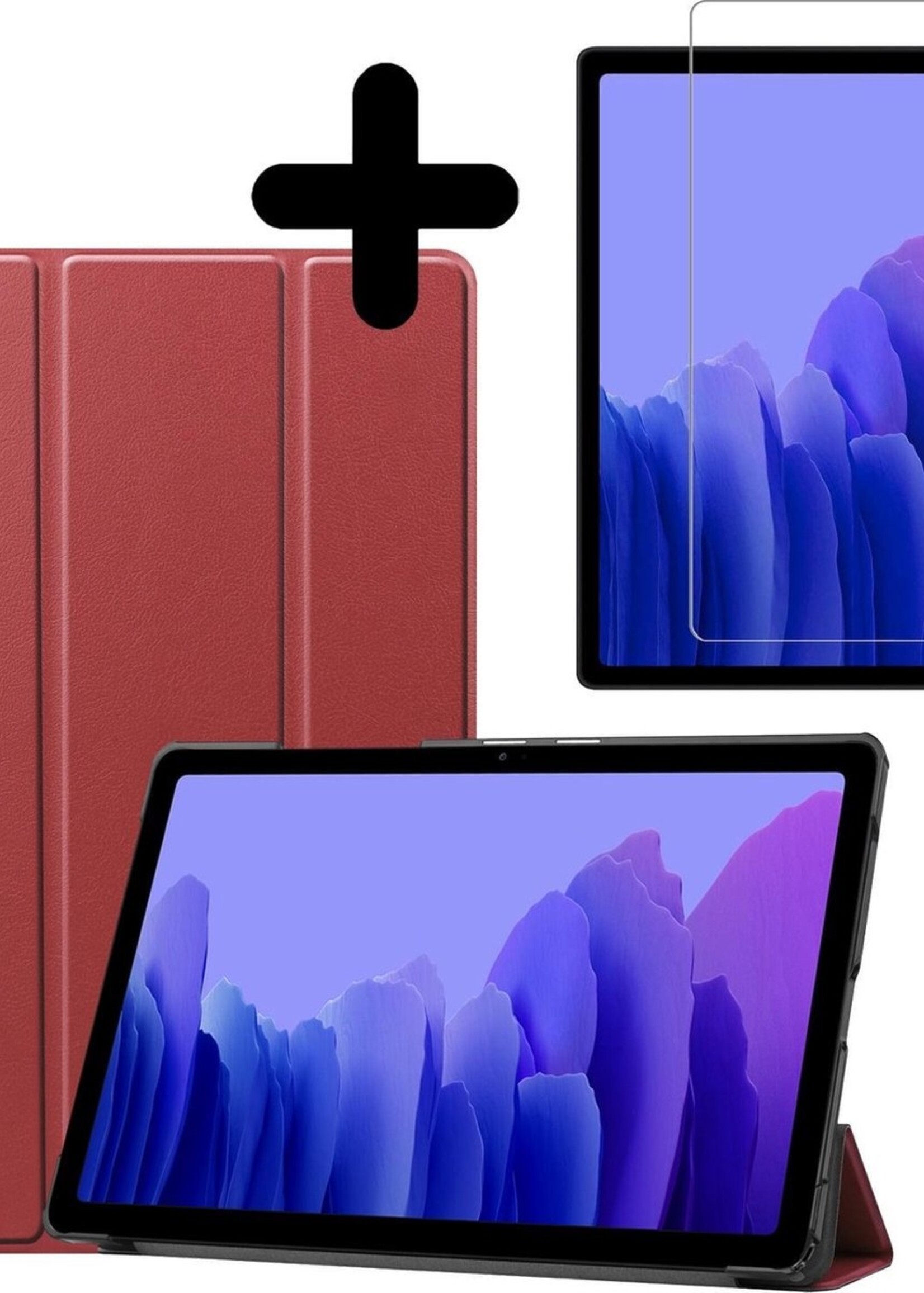 BTH Hoes Geschikt voor Samsung Galaxy Tab A7 Hoes Book Case Hoesje Trifold Cover Met Screenprotector - Hoesje Geschikt voor Samsung Tab A7 Hoesje Bookcase - Donkerrood