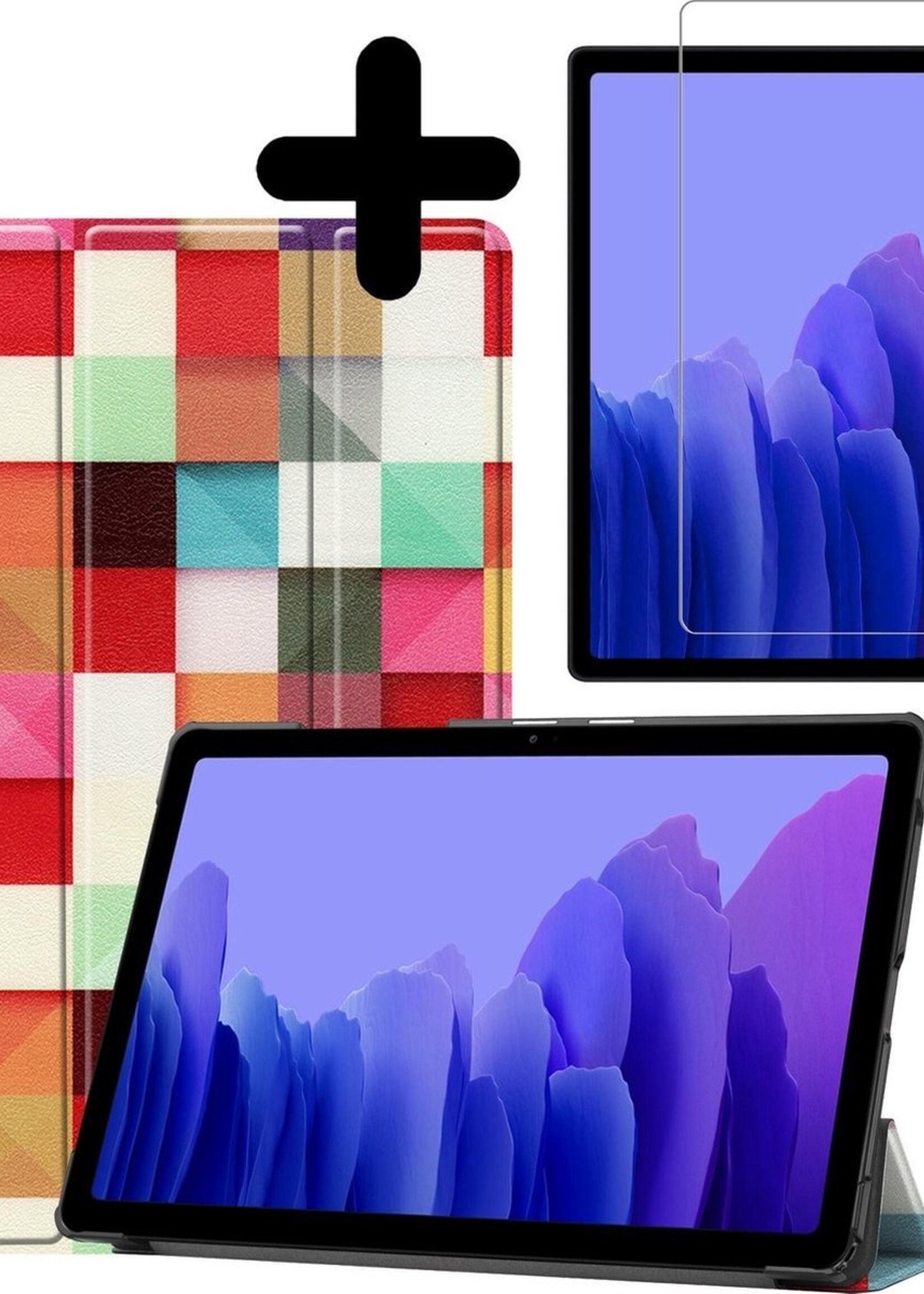 BTH Hoes Geschikt voor Samsung Galaxy Tab A7 Hoes Book Case Hoesje Trifold Cover Met Screenprotector - Hoesje Geschikt voor Samsung Tab A7 Hoesje Bookcase - Blokken