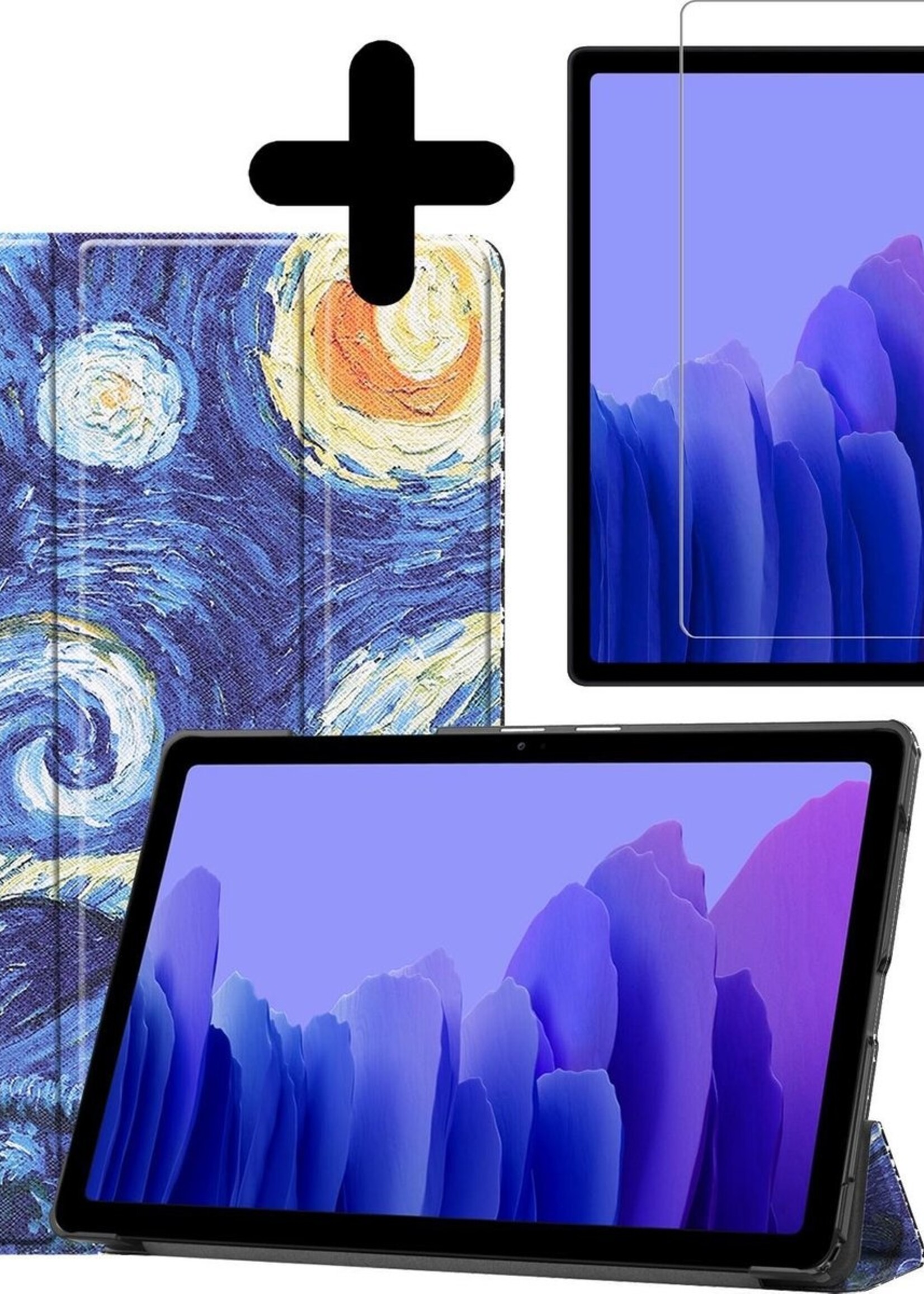 BTH Hoes Geschikt voor Samsung Galaxy Tab A7 Hoes Book Case Hoesje Trifold Cover Met Screenprotector - Hoesje Geschikt voor Samsung Tab A7 Hoesje Bookcase - Sterrenhemel
