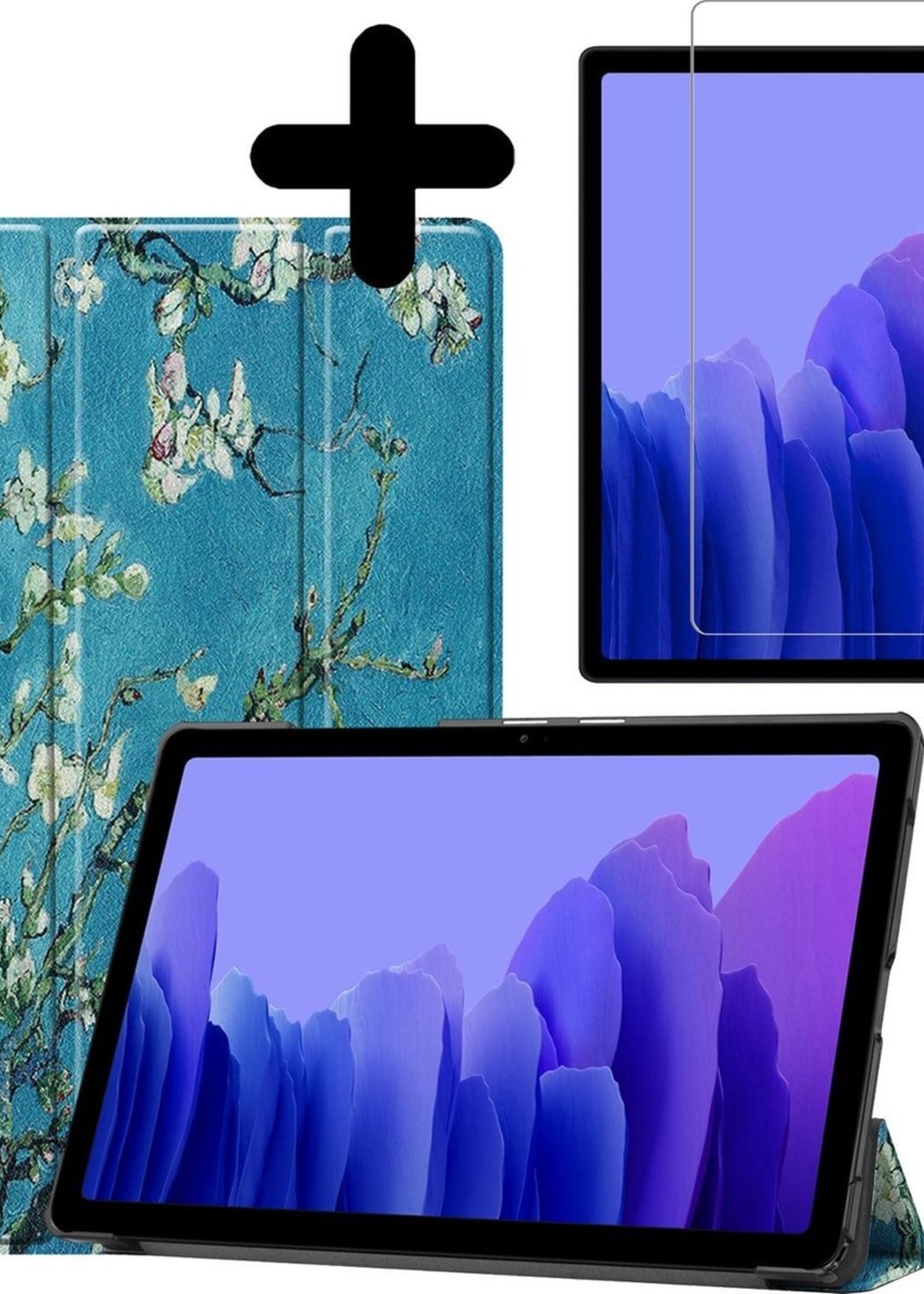 BTH Hoes Geschikt voor Samsung Galaxy Tab A7 Hoes Book Case Hoesje Trifold Cover Met Screenprotector - Hoesje Geschikt voor Samsung Tab A7 Hoesje Bookcase - Bloesem
