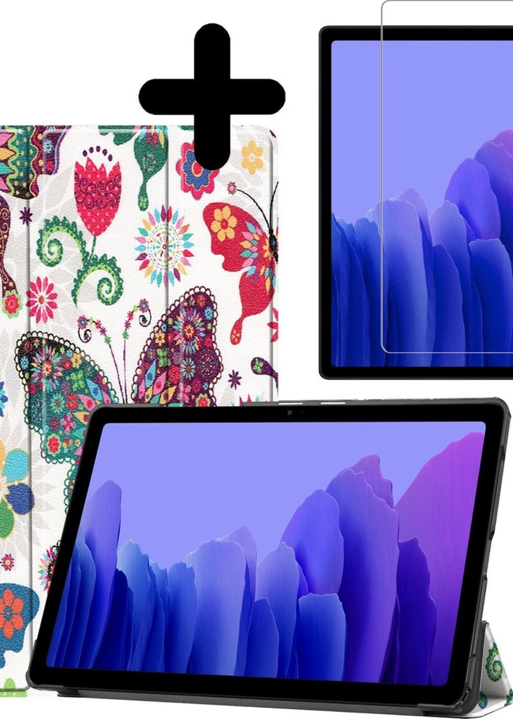 BTH Hoes Geschikt voor Samsung Galaxy Tab A7 Hoes Book Case Hoesje Trifold Cover Met Screenprotector - Hoesje Geschikt voor Samsung Tab A7 Hoesje Bookcase - Vlinders