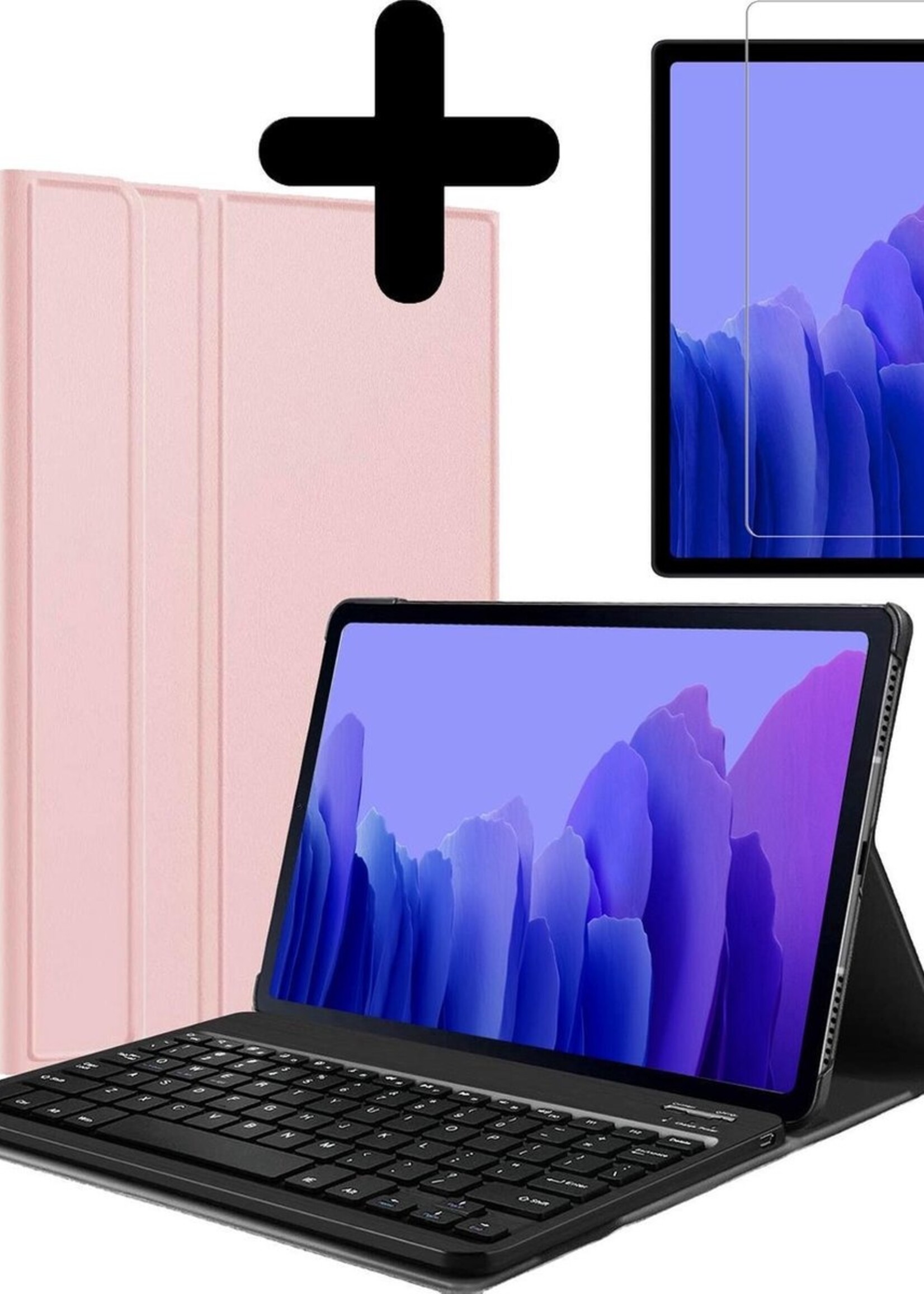 BTH Hoes Geschikt voor Samsung Galaxy Tab A7 Hoes Toetsenbord Hoesje Keyboard Case Cover Met Screenprotector - Hoesje Geschikt voor Samsung Tab A7 Hoes Toetsenbord Case - Rosé goud