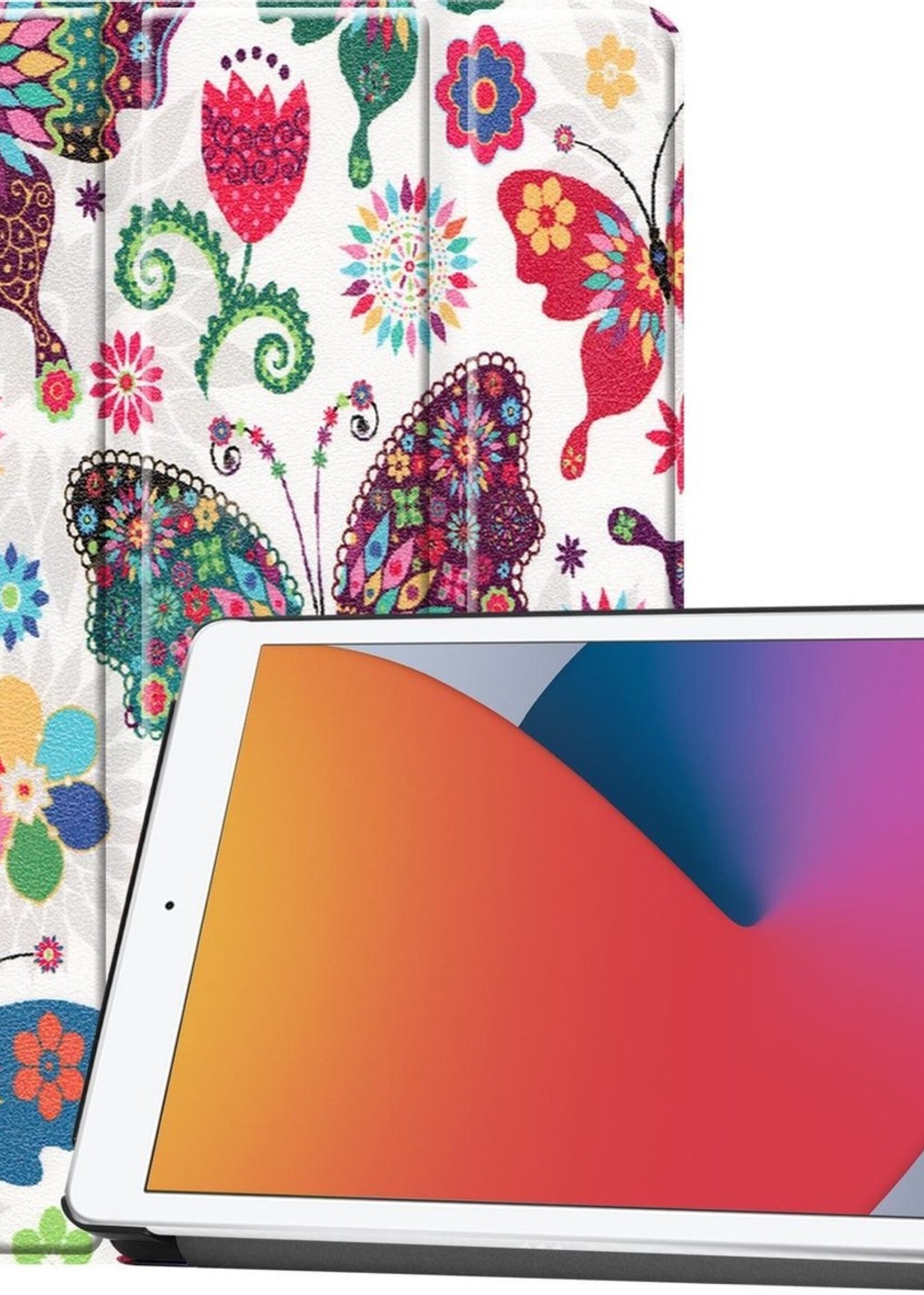 BTH Hoes Geschikt voor iPad 10.2 2020 Hoes Book Case Hoesje Trifold Cover - Hoesje Geschikt voor iPad 8 Hoesje Bookcase - Vlinders