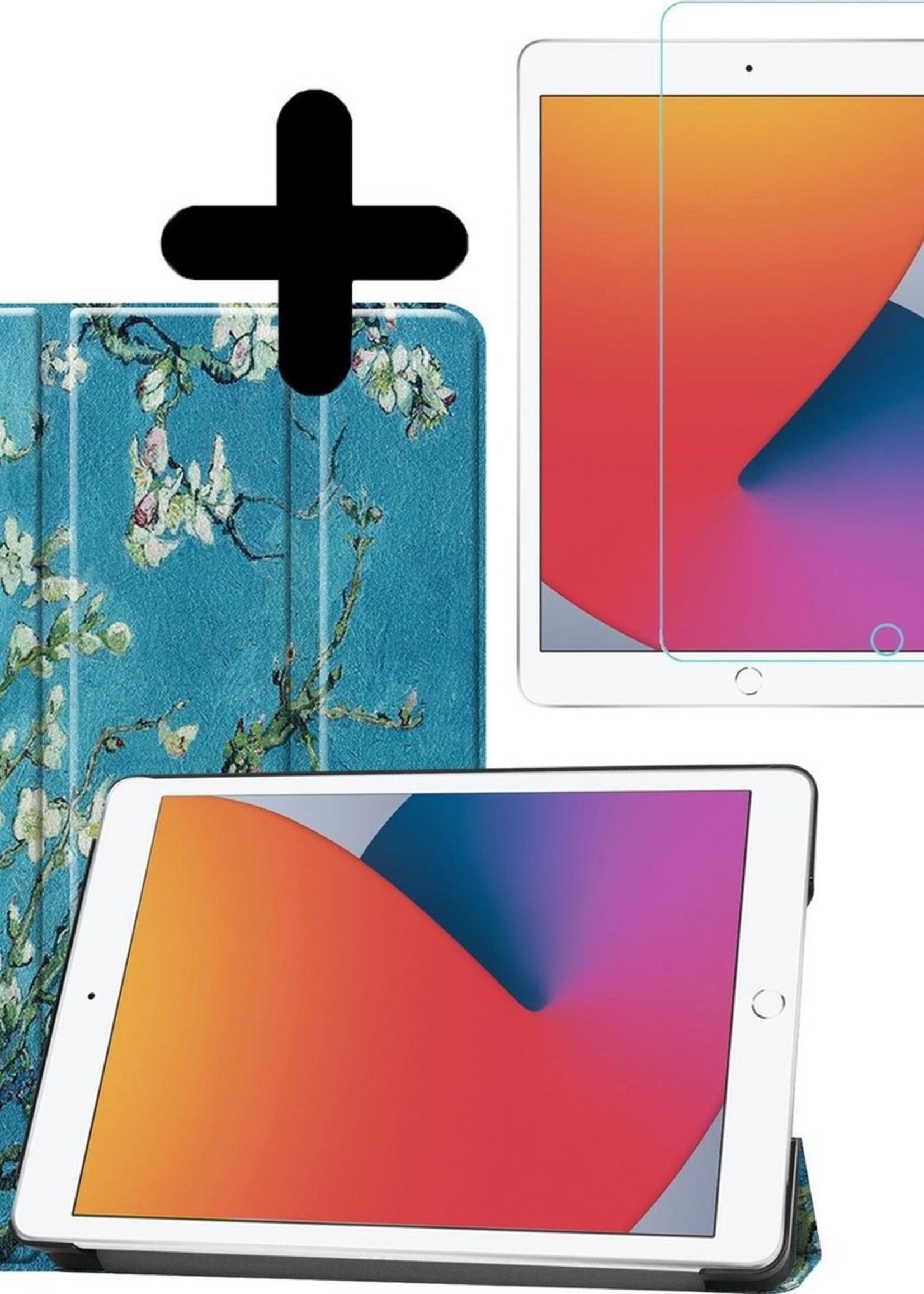 BTH Hoes Geschikt voor iPad 10.2 2020 Hoes Book Case Hoesje Trifold Cover Met Screenprotector - Hoesje Geschikt voor iPad 8 Hoesje Bookcase - Bloesem