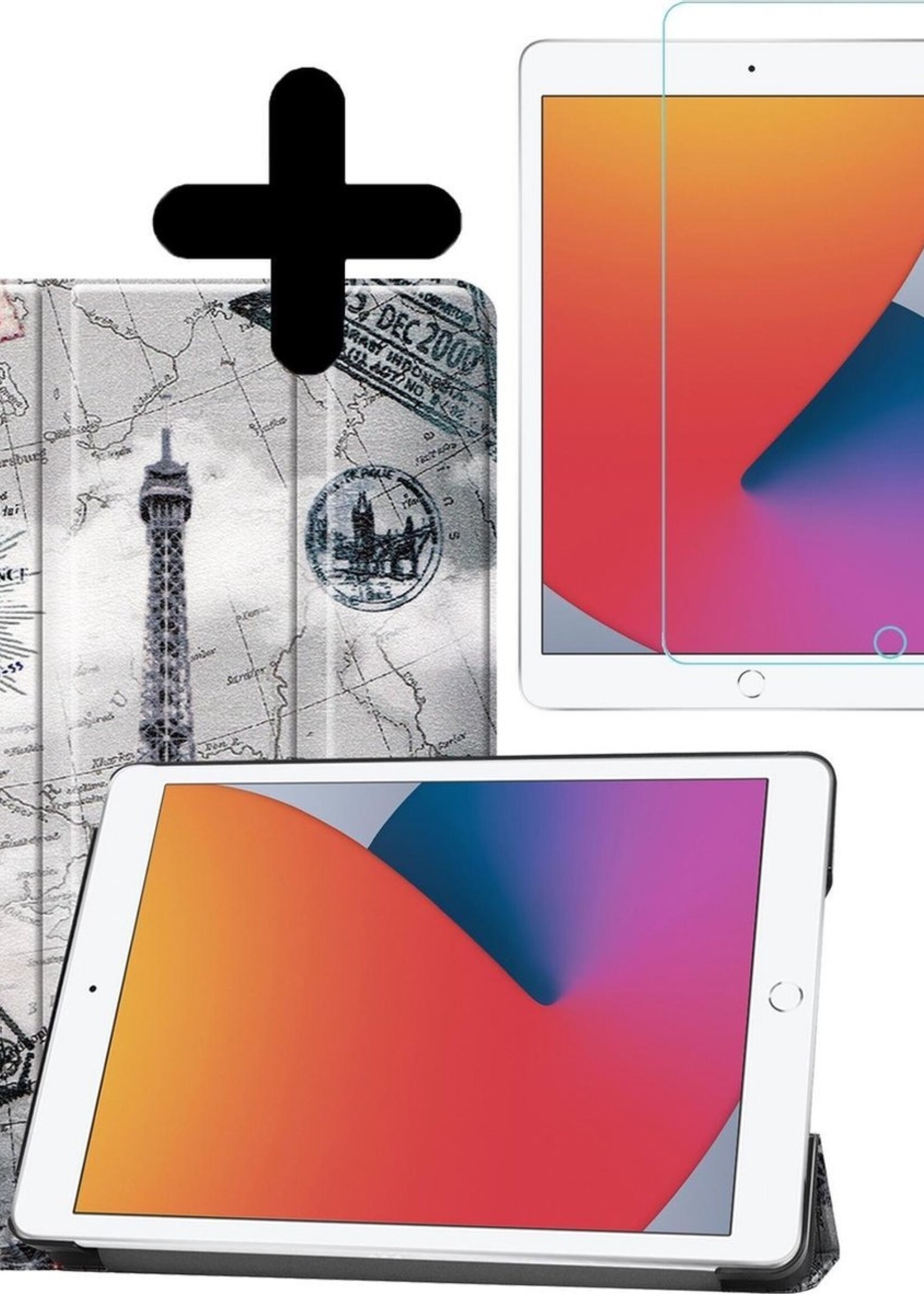 BTH Hoes Geschikt voor iPad 10.2 2020 Hoes Book Case Hoesje Trifold Cover Met Screenprotector - Hoesje Geschikt voor iPad 8 Hoesje Bookcase - Eiffeltoren