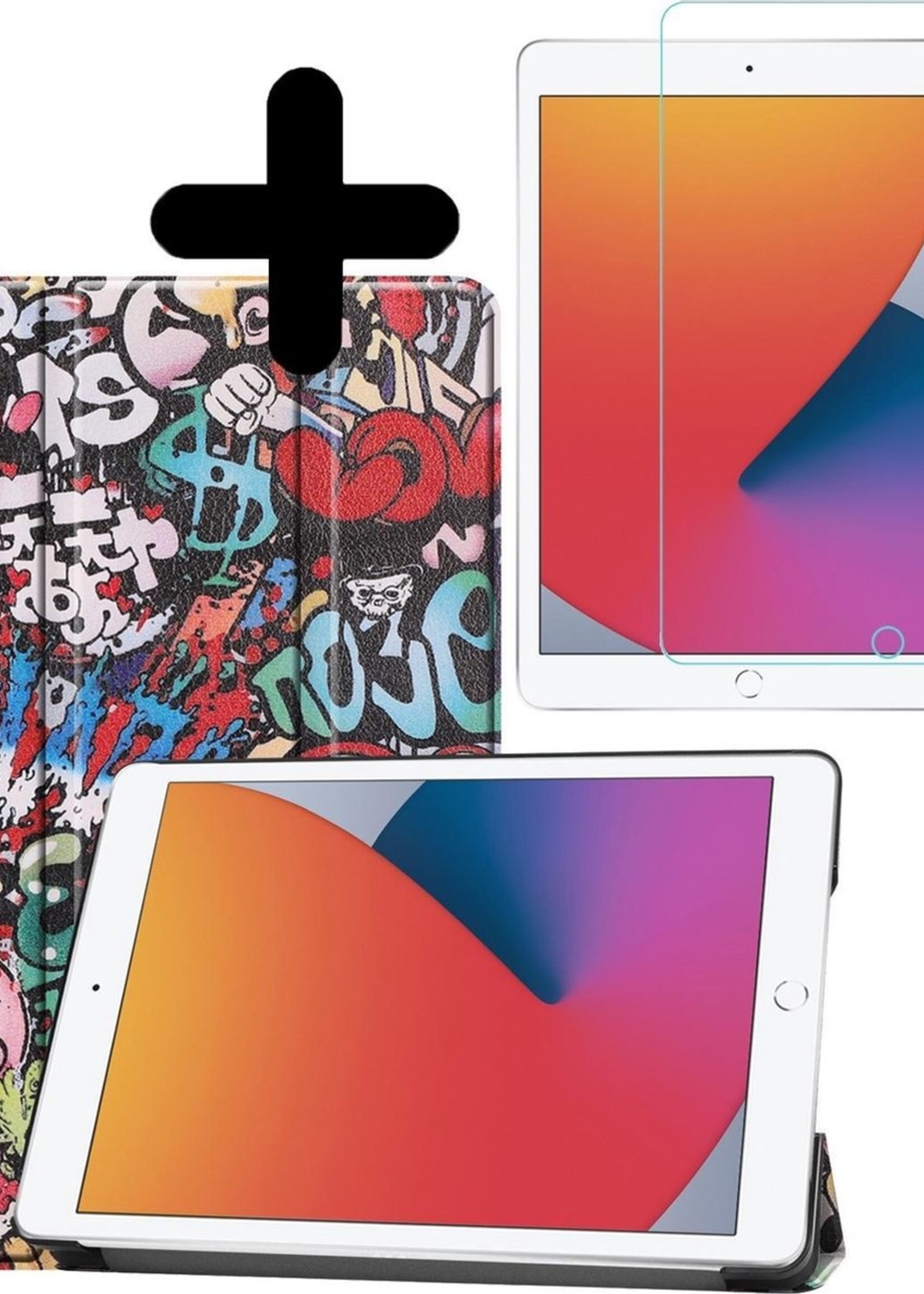 BTH Hoes Geschikt voor iPad 10.2 2020 Hoes Book Case Hoesje Trifold Cover Met Screenprotector - Hoesje Geschikt voor iPad 8 Hoesje Bookcase - Graffity