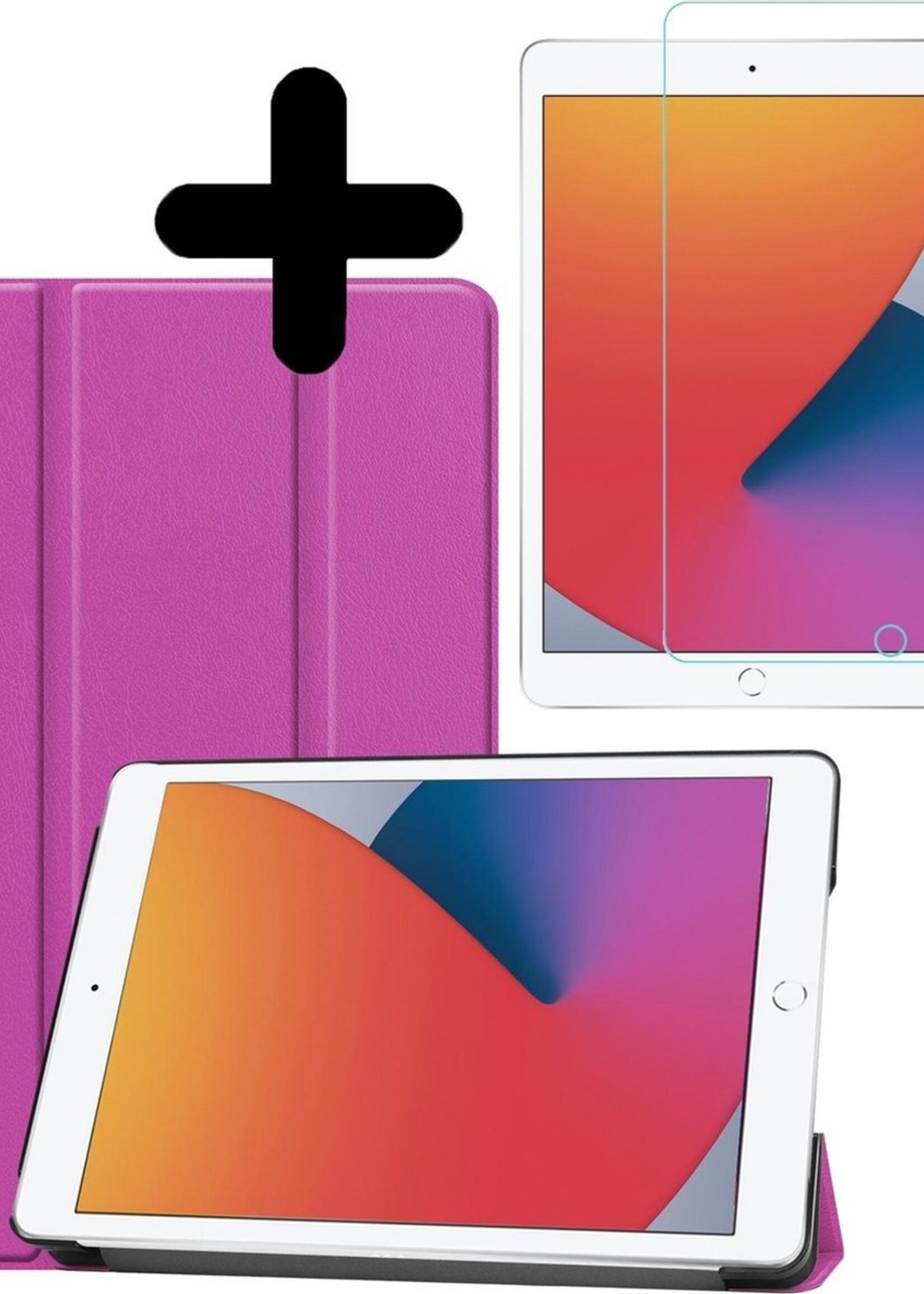 BTH Hoes Geschikt voor iPad 10.2 2020 Hoes Book Case Hoesje Trifold Cover Met Screenprotector - Hoesje Geschikt voor iPad 8 Hoesje Bookcase - Paars