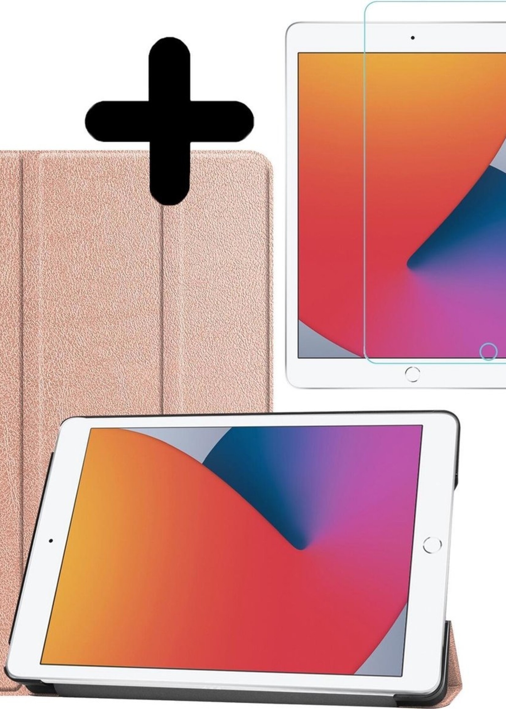 BTH Hoes Geschikt voor iPad 10.2 2020 Hoes Book Case Hoesje Trifold Cover Met Screenprotector - Hoesje Geschikt voor iPad 8 Hoesje Bookcase - Rosé goud