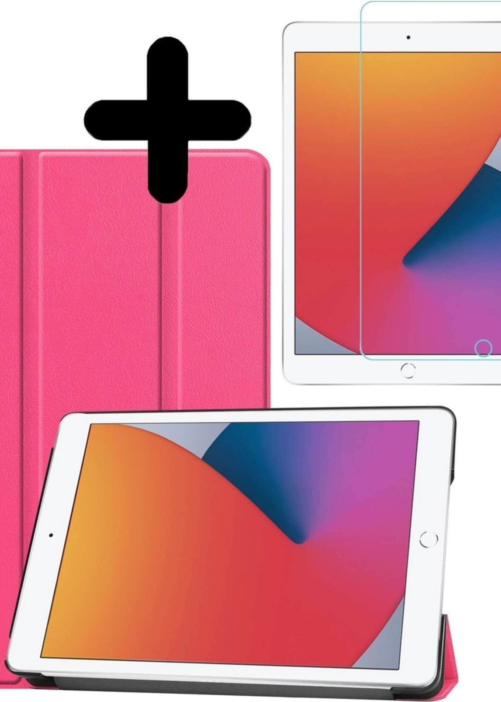 BTH Hoes Geschikt voor iPad 10.2 2020 Hoes Book Case Hoesje Trifold Cover Met Screenprotector - Hoesje Geschikt voor iPad 8 Hoesje Bookcase - Roze