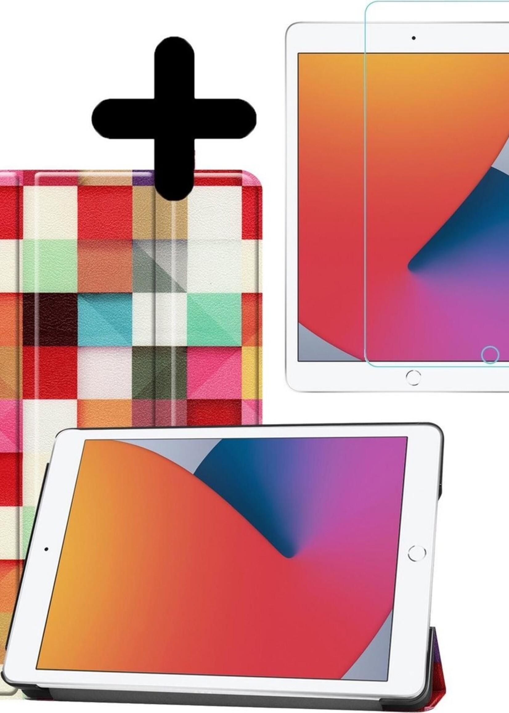 BTH Hoes Geschikt voor iPad 10.2 2020 Hoes Book Case Hoesje Trifold Cover Met Screenprotector - Hoesje Geschikt voor iPad 8 Hoesje Bookcase - Blokken