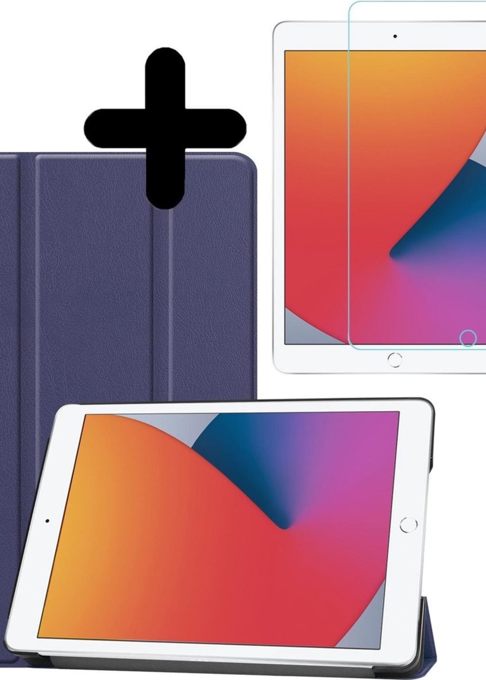 BTH Hoes Geschikt voor iPad 10.2 2020 Hoes Book Case Hoesje Trifold Cover Met Screenprotector - Hoesje Geschikt voor iPad 8 Hoesje Bookcase - Donkerblauw
