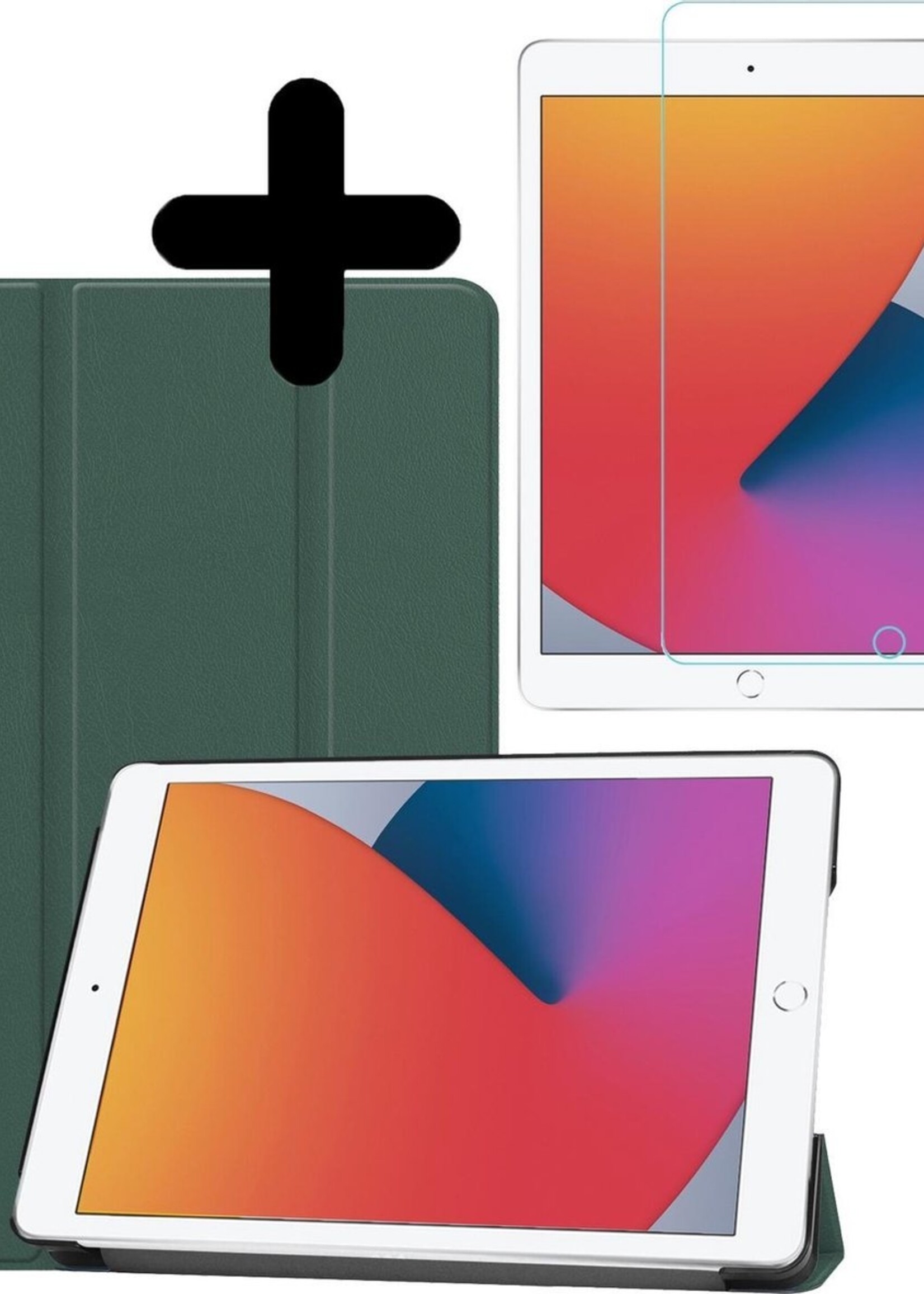 BTH Hoes Geschikt voor iPad 10.2 2020 Hoes Book Case Hoesje Trifold Cover Met Screenprotector - Hoesje Geschikt voor iPad 8 Hoesje Bookcase - Donkergroen