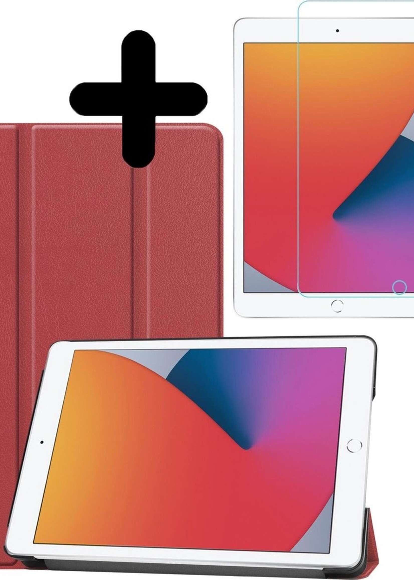 BTH Hoes Geschikt voor iPad 10.2 2020 Hoes Book Case Hoesje Trifold Cover Met Screenprotector - Hoesje Geschikt voor iPad 8 Hoesje Bookcase - Donkerrood