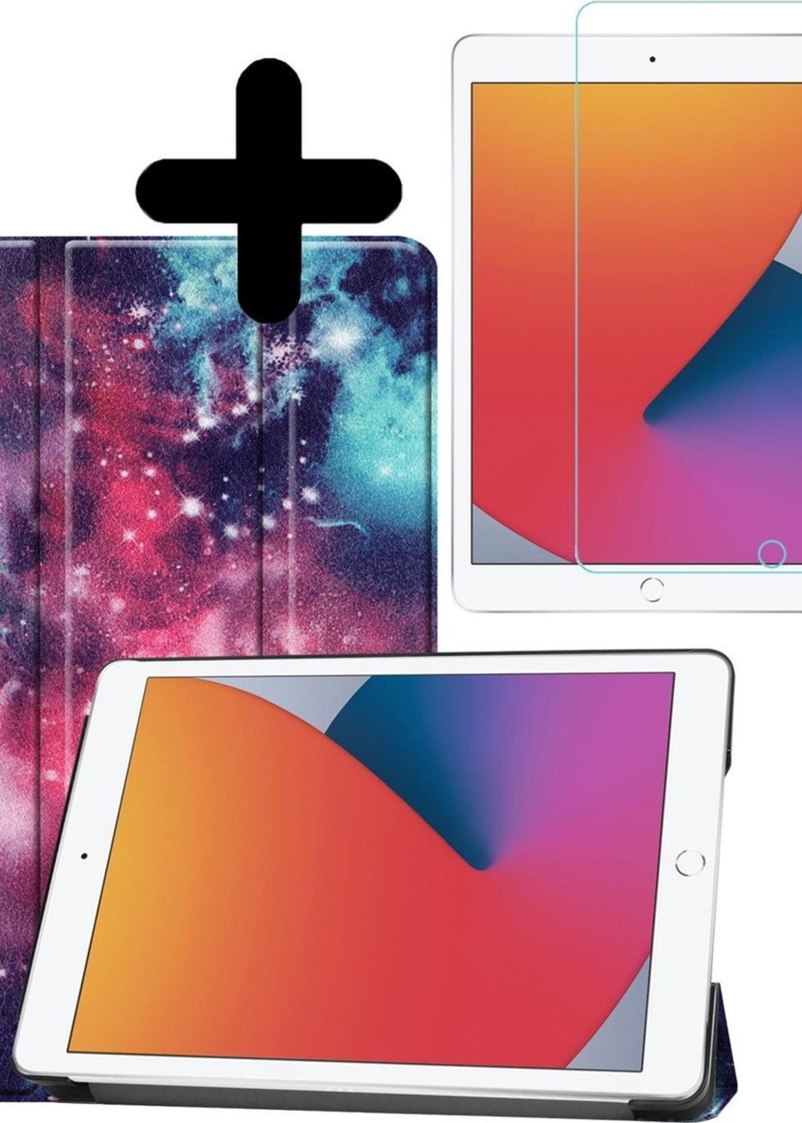 BTH Hoes Geschikt voor iPad 10.2 2020 Hoes Book Case Hoesje Trifold Cover Met Screenprotector - Hoesje Geschikt voor iPad 8 Hoesje Bookcase - Galaxy